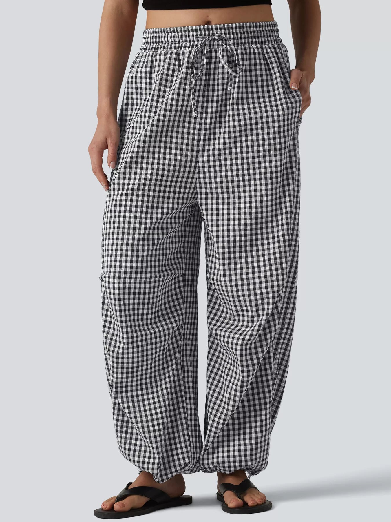 High-Waisted Gingham Wide-Leg Drawstring Pants