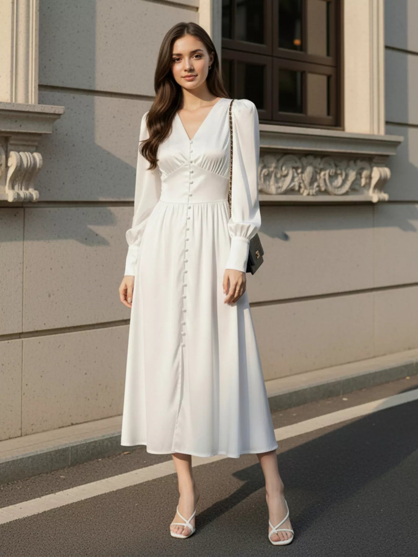 V-Neck Lantern Sleeve Midi Dress