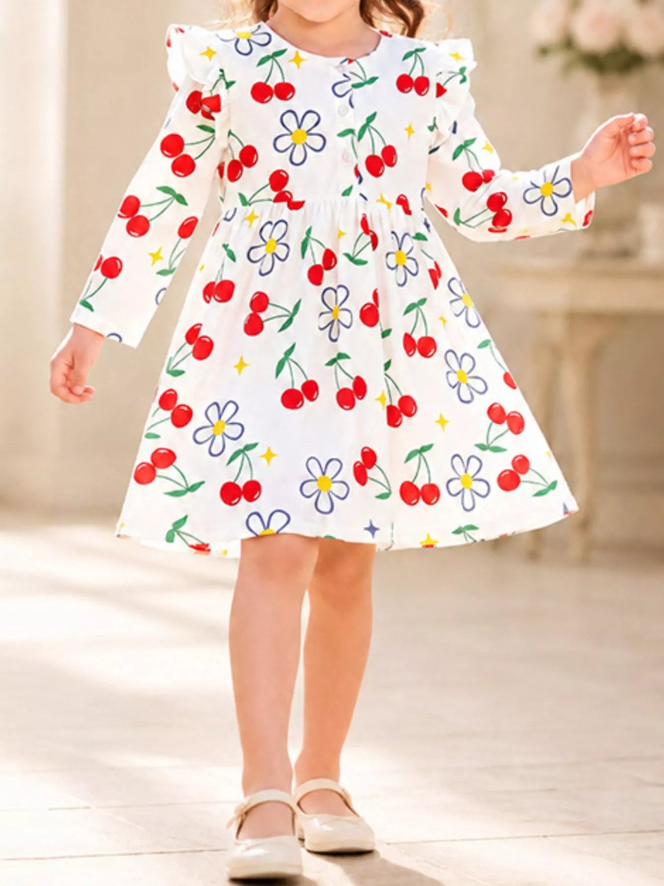 Children's Long-Sleeve Cherry and Flower Print A-Line Dress