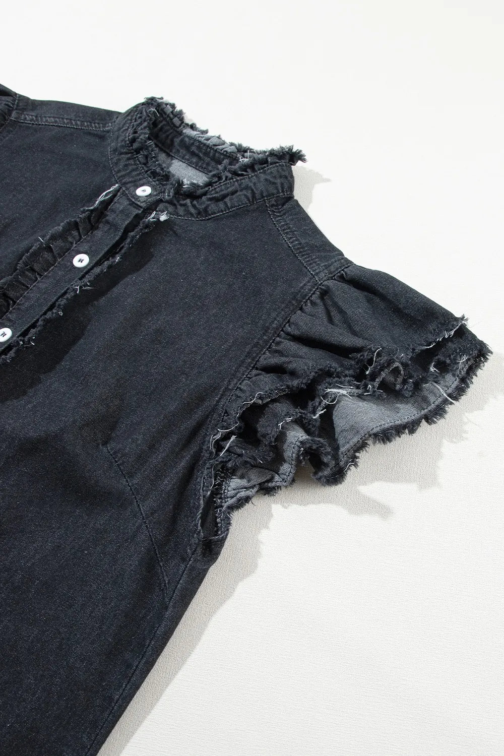 Button Down Raw Hem Ruffled Denim Shirt
