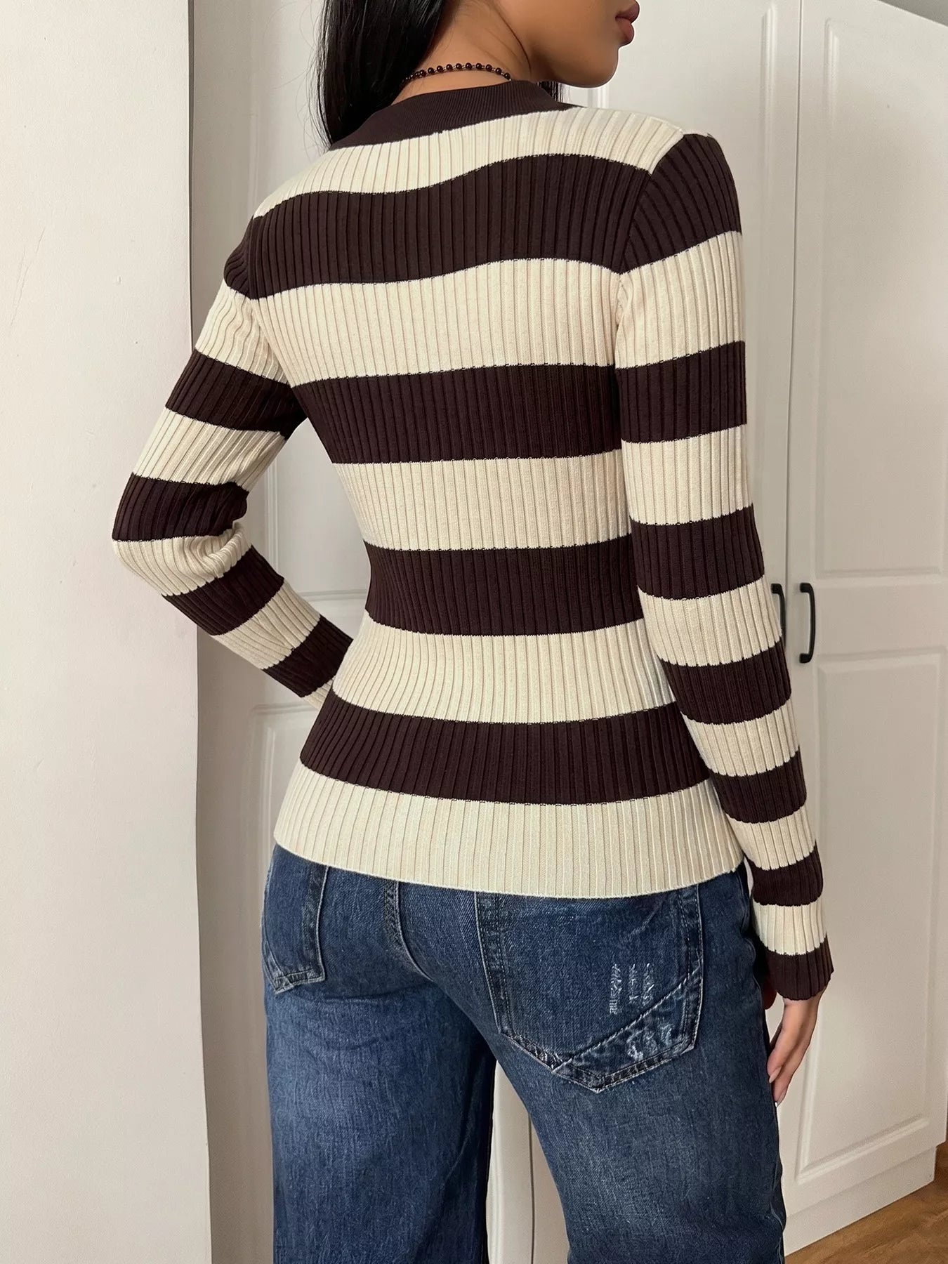 Striped Ribbed Knit Long Sleeve Sweater
