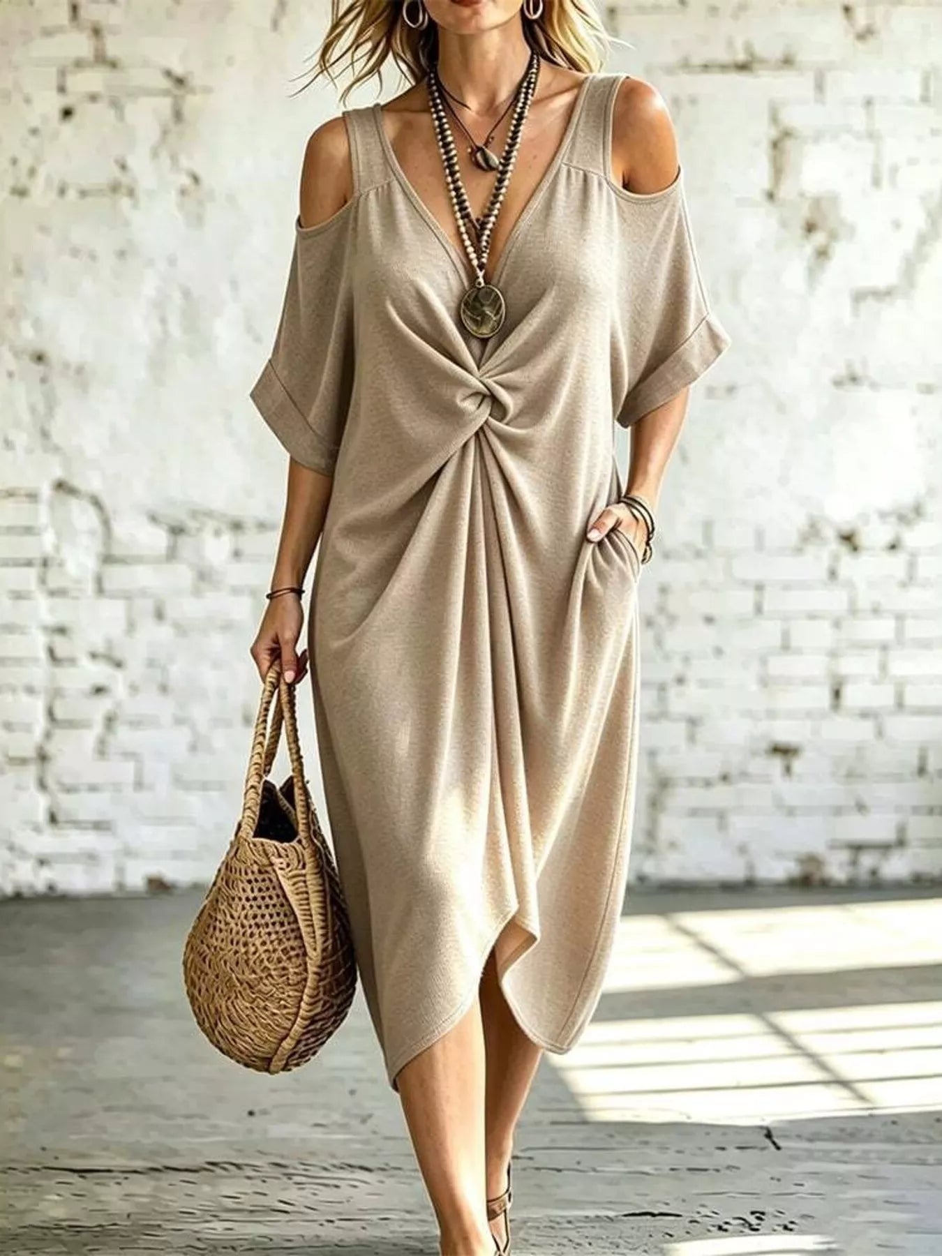 Full Size Cold Shoulder Twist Front Midi Dress Plus Size
