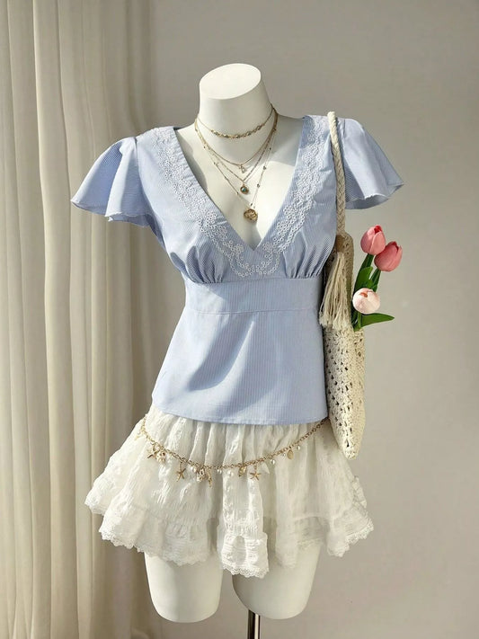Lace Trim V-Neck Blouse