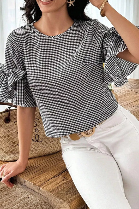 Gingham Bow Half Sleeve Blouse