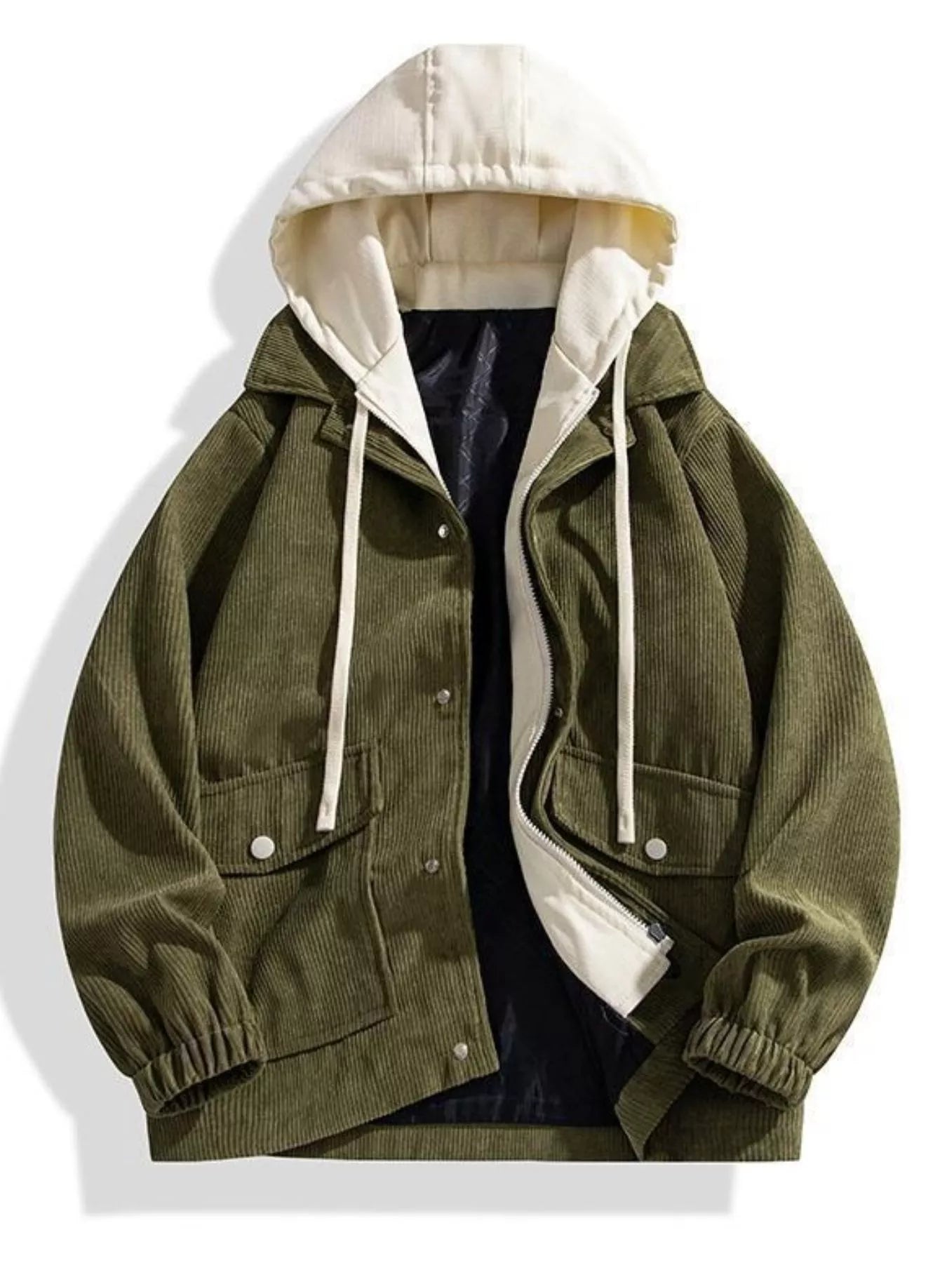 Men's Plus Size Casual Corduroy Snap Down Hooded Jacket