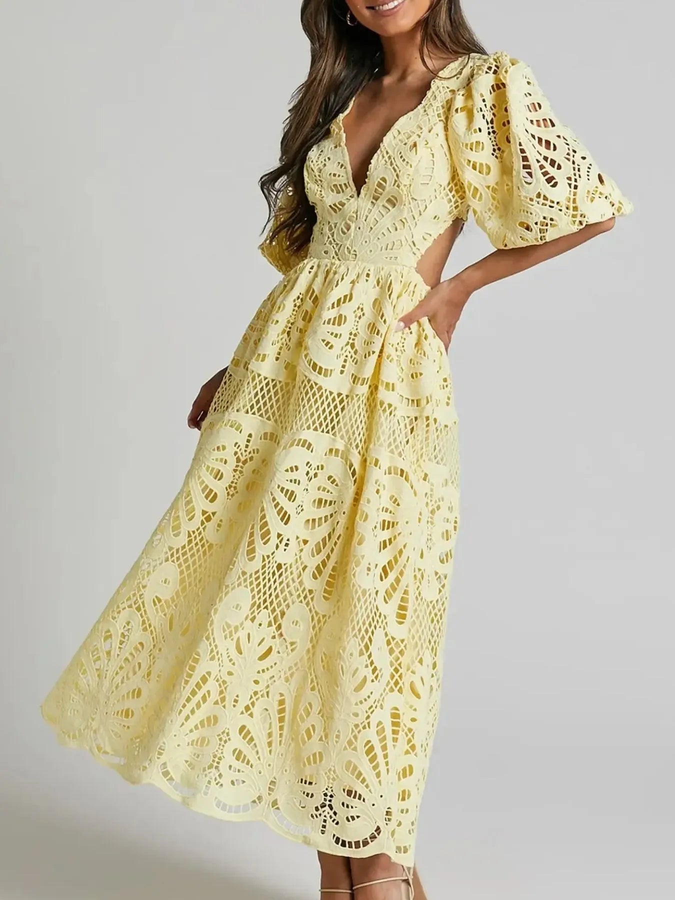 Cutout Back Lace Crochet V-Neck Dress