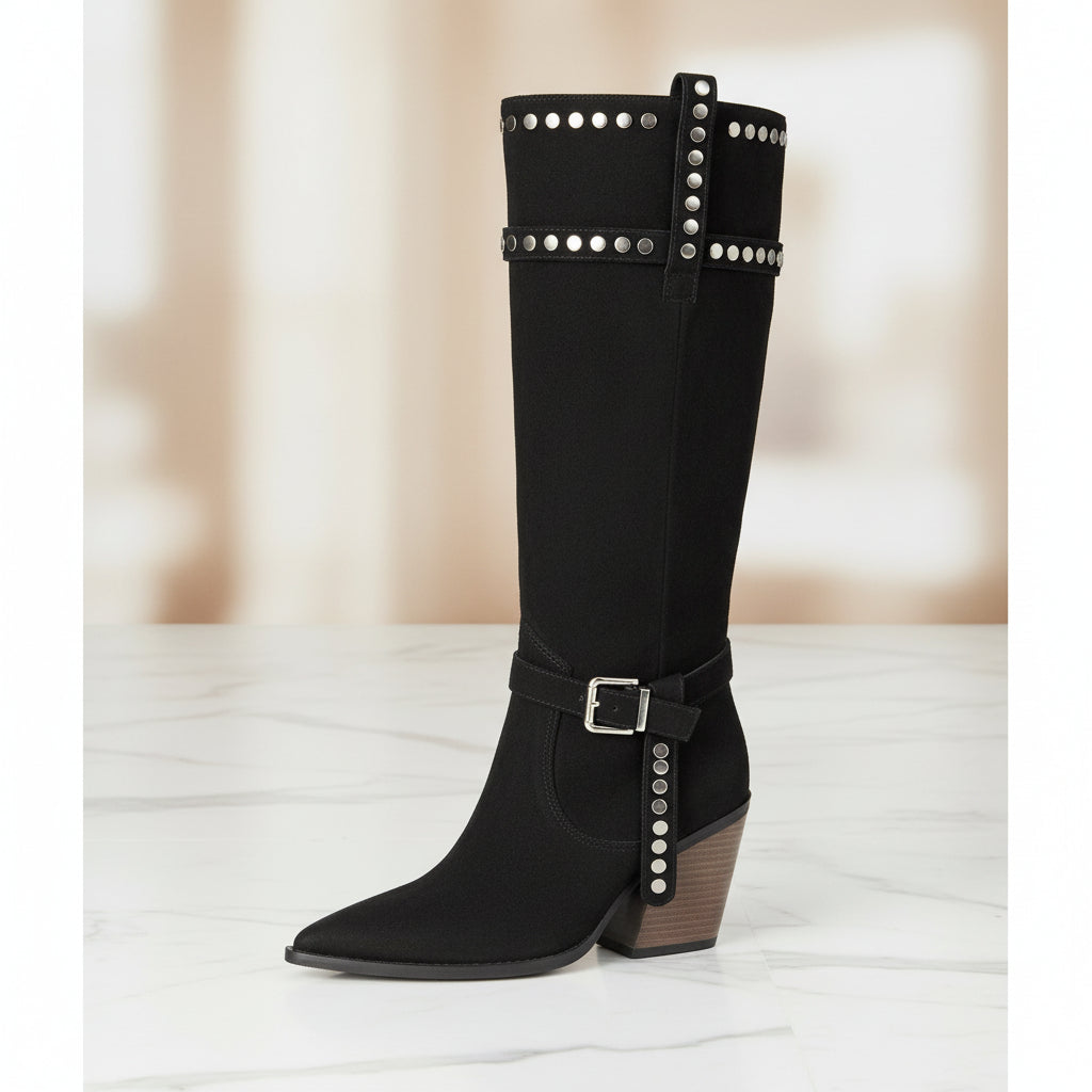 Women's Western Knee-High Boots with Studs | Pointed Toe Chunky Heel & Buckle