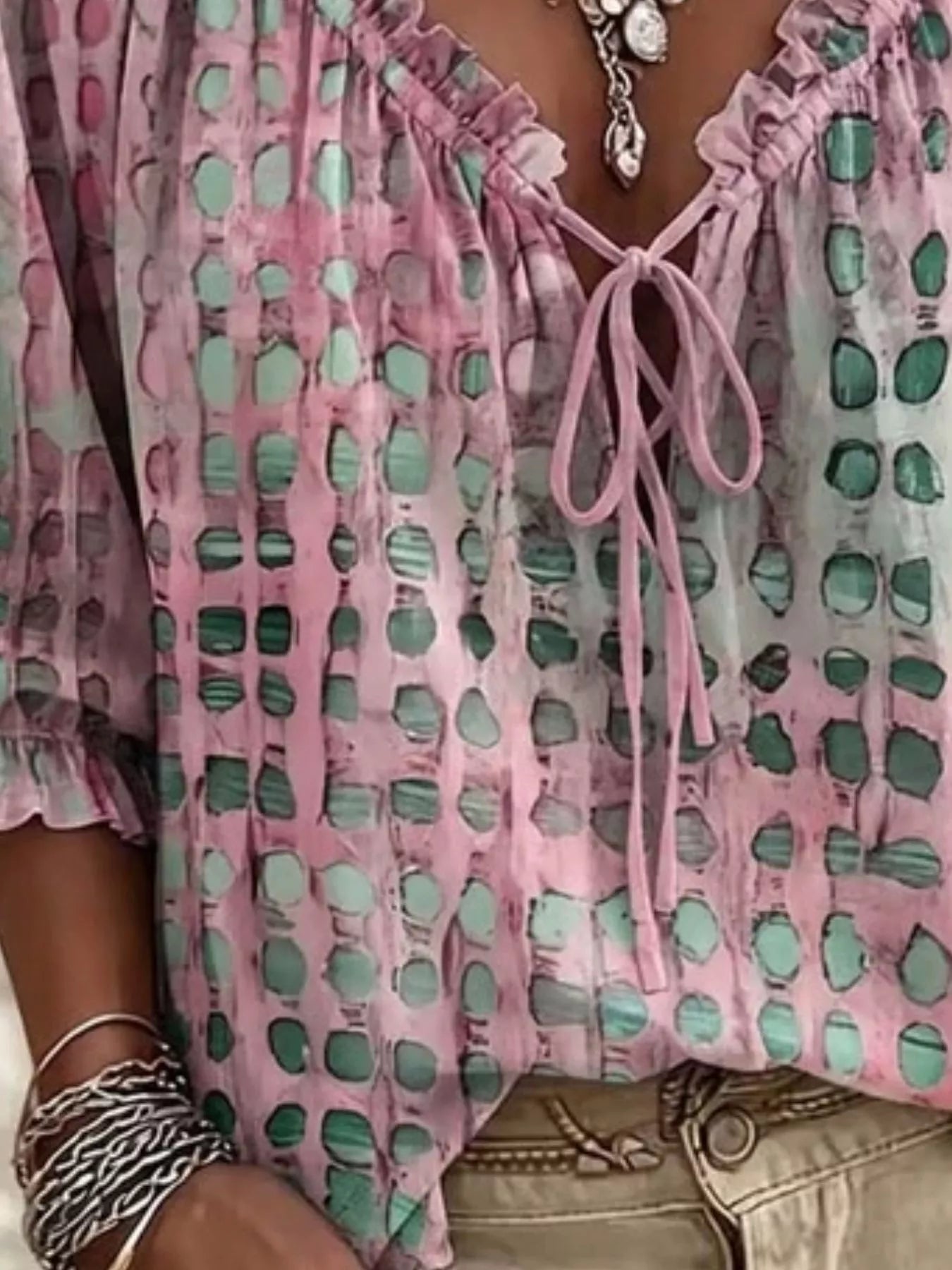 Full Size Tie Neck 3/4 Sleeve Blouse Plus Size