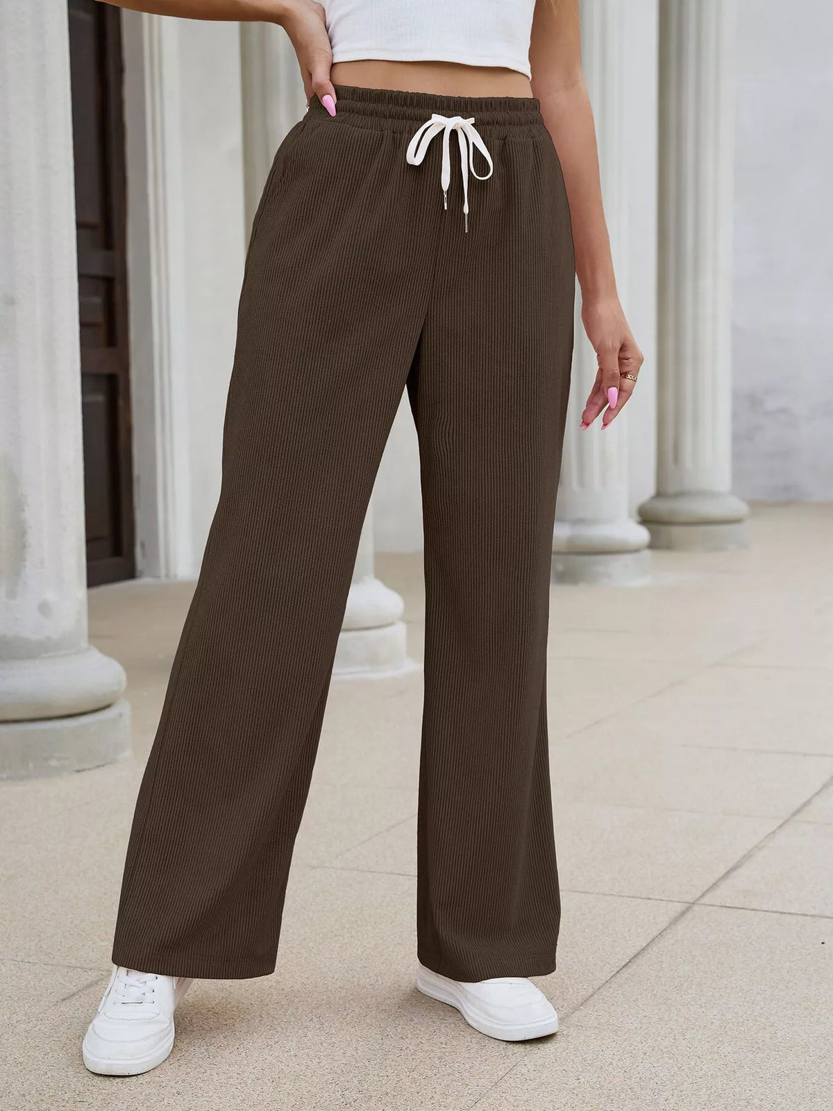 High-Waisted Drawstring Wide-Leg Casual Pants
