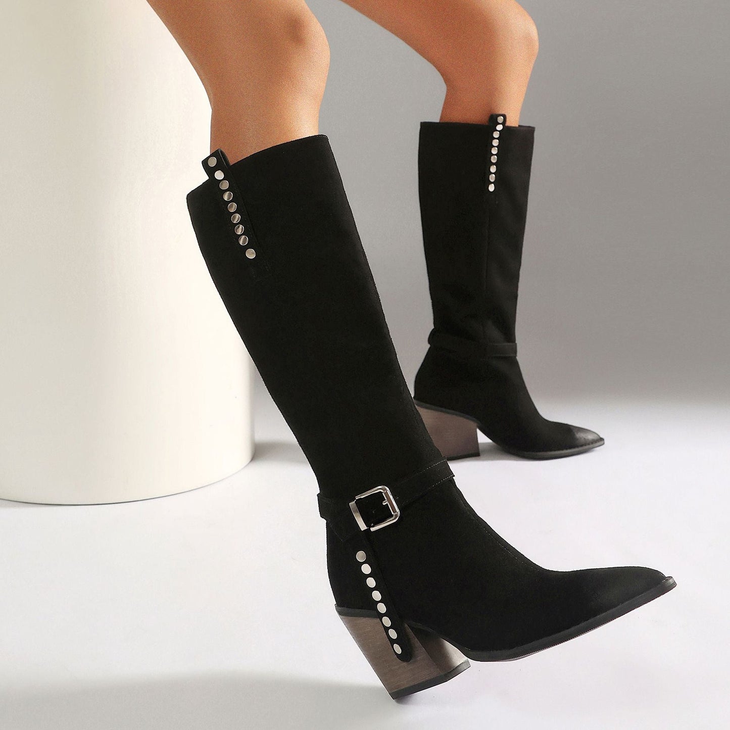 Women's Western Knee-High Boots with Studs | Pointed Toe Chunky Heel & Buckle