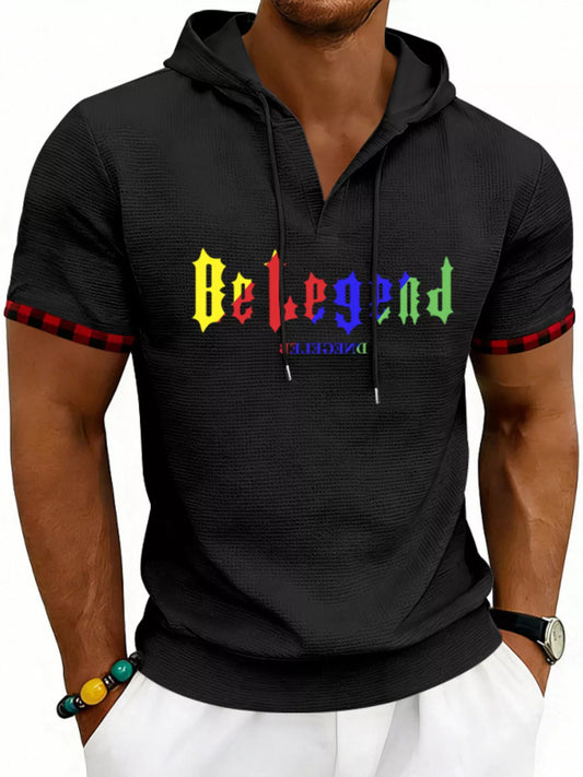 Men's Full Size Letter Graphic Short Sleeve Hooded Top Plus Size