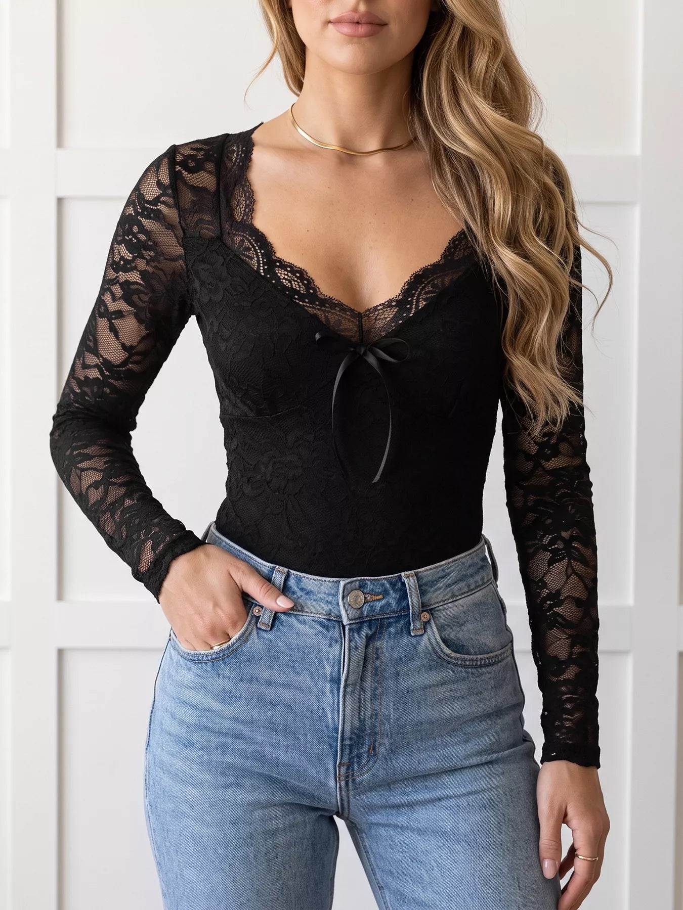 Lace Long Sleeve Bodysuit with Bow Detail