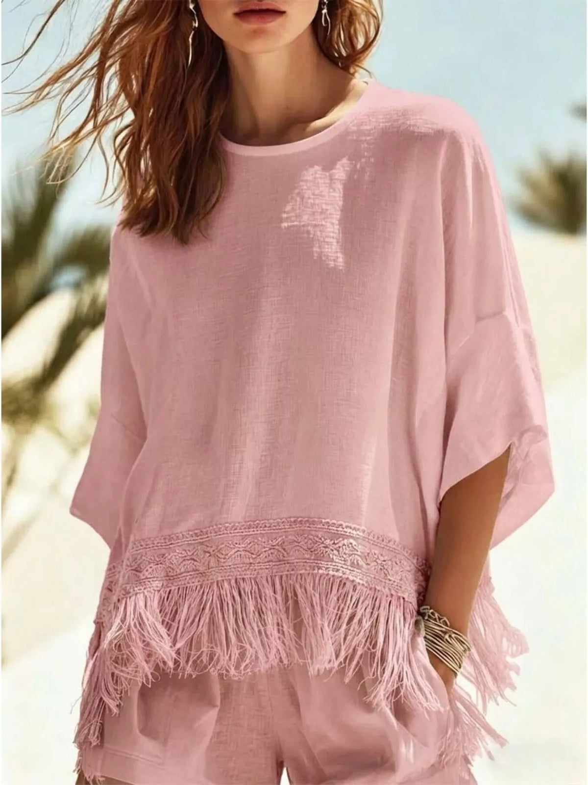 Fringed 3/4 Sleeve Blouse