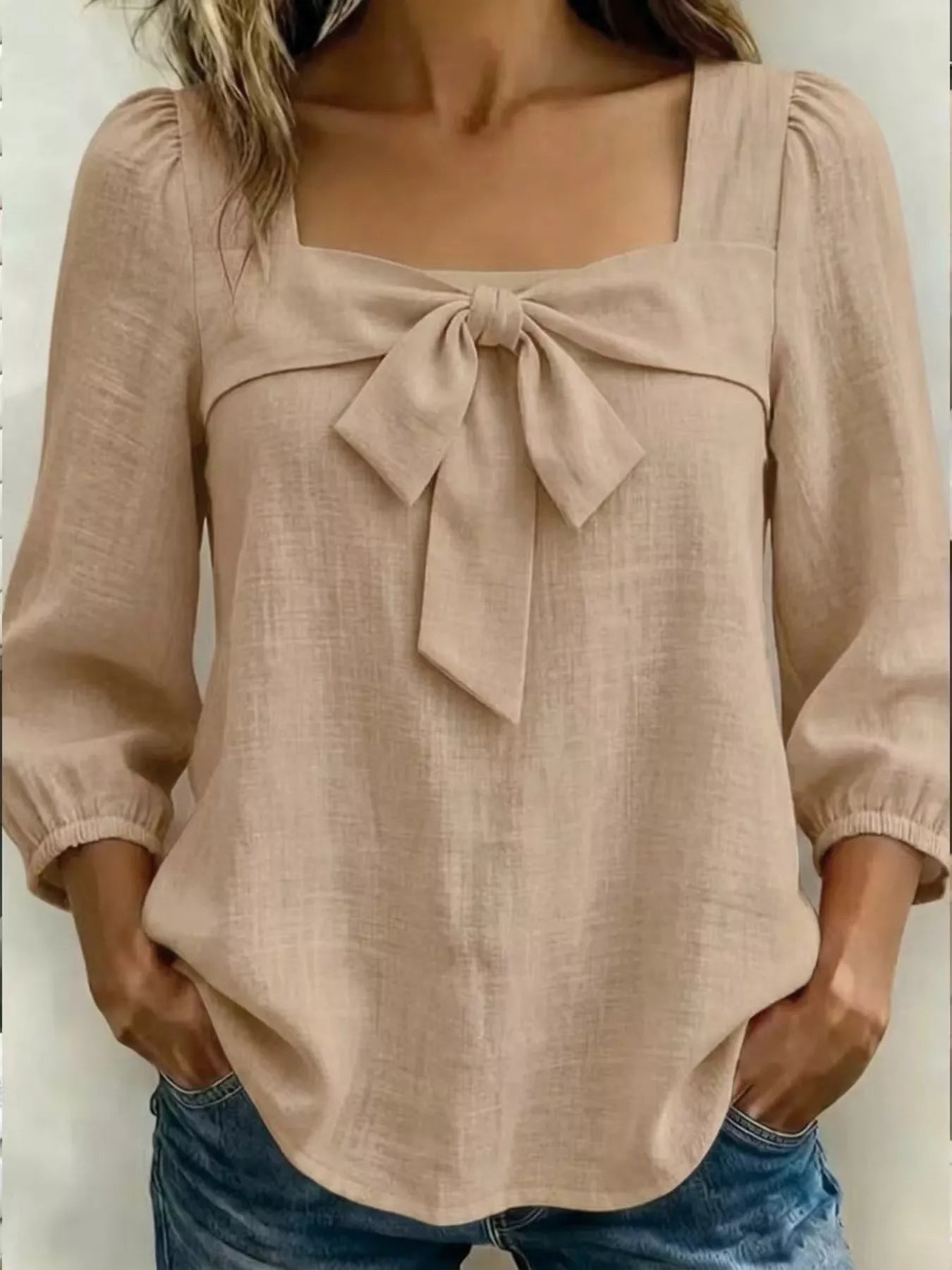 Full Size Bow Front Square Neck Blouse Plus Size