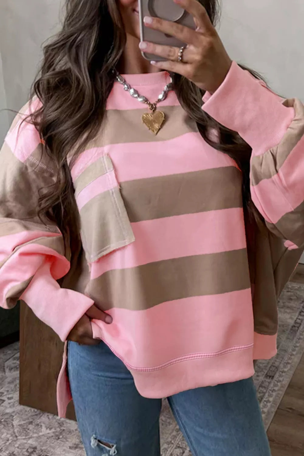 Striped Colorblock Patch Pocket Split Hem Oversized Long Sleeve Sweatshirt
