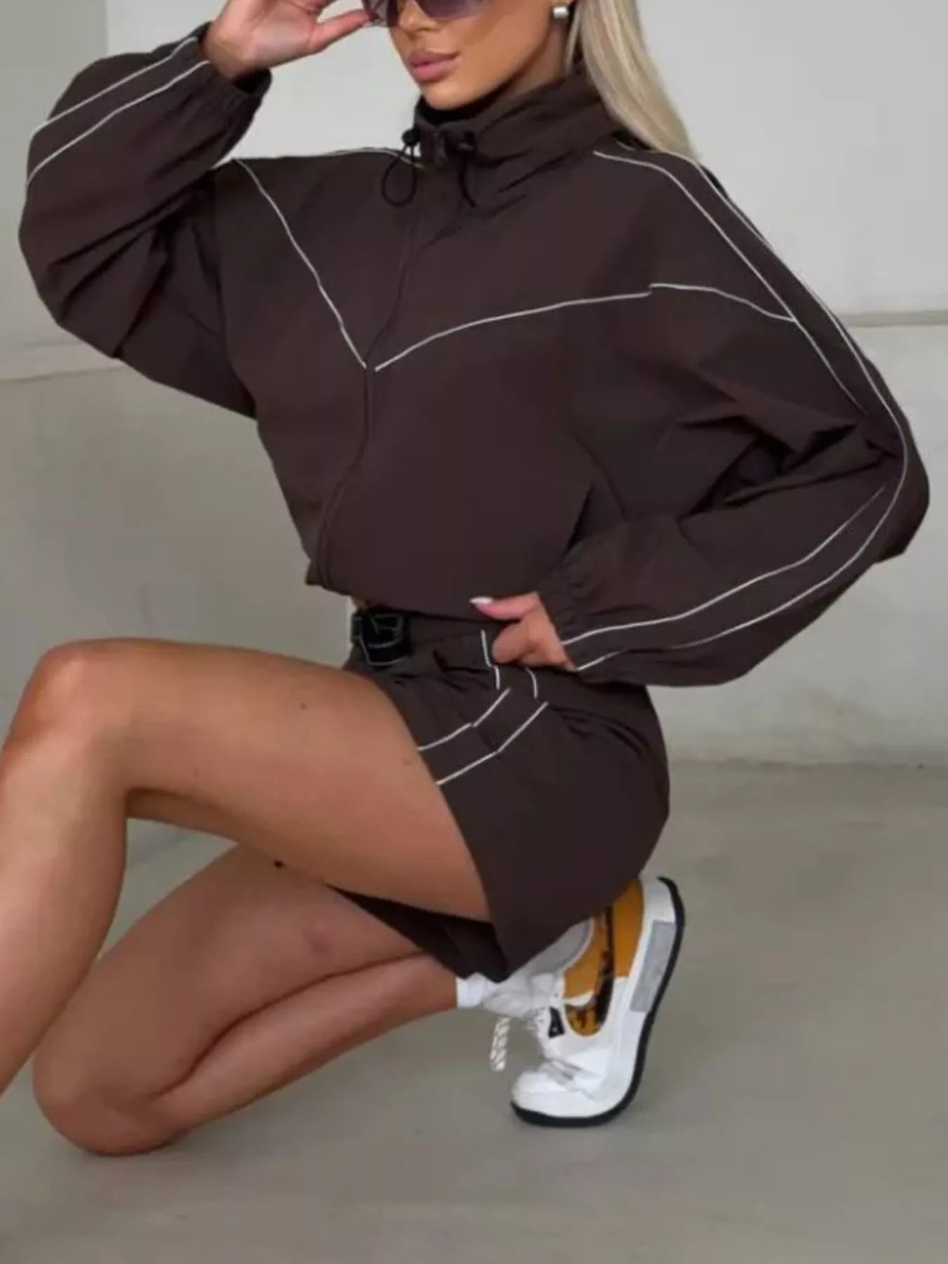 Drawstring Zip-Up Jacket and Shorts Set