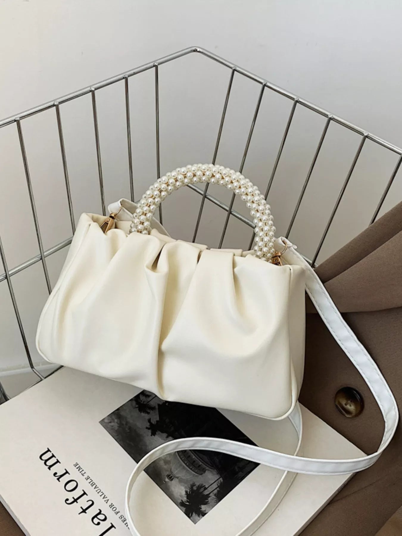 Pearl Handle Ruched Crossbody Bag
