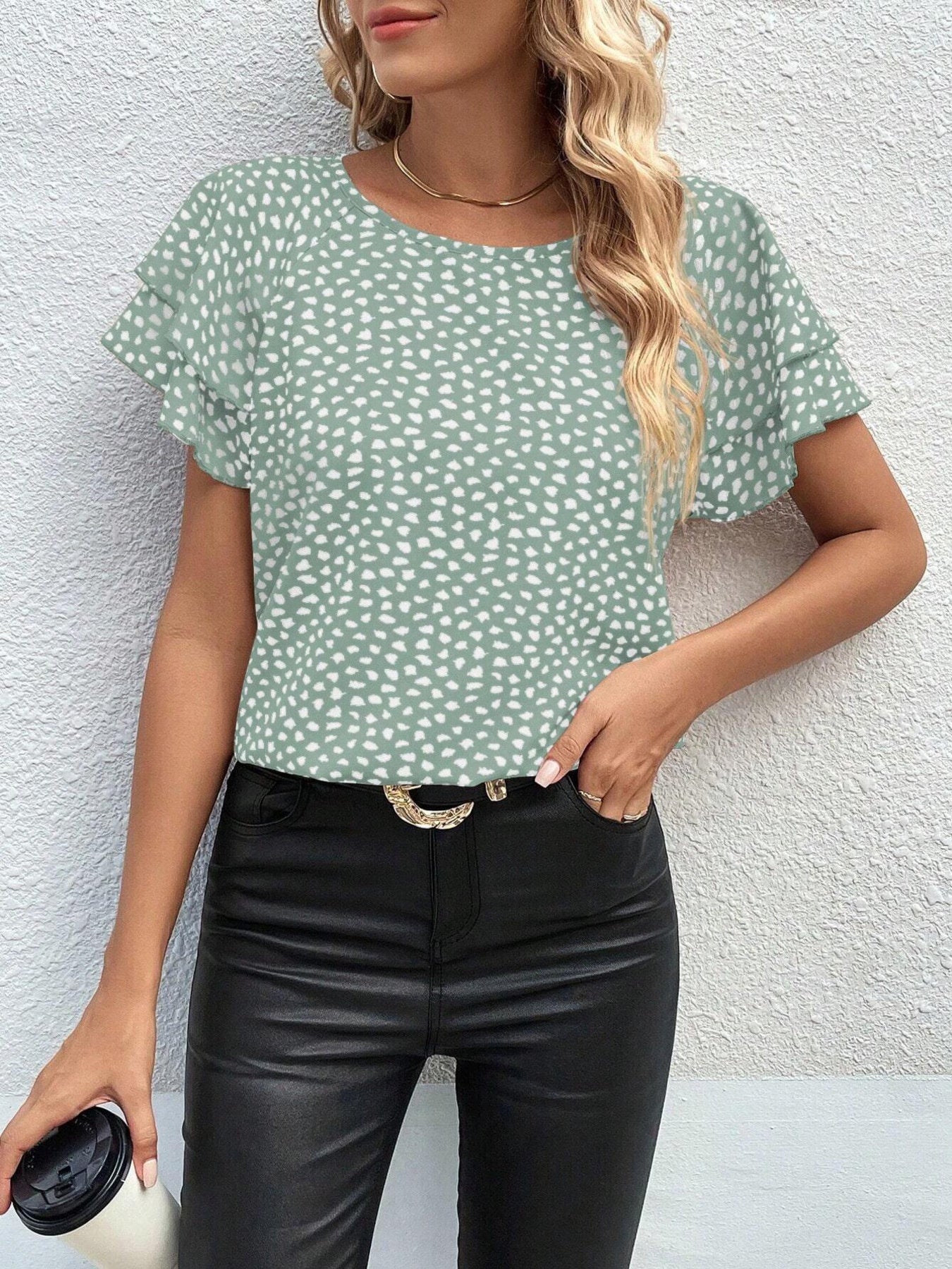 Animal Print Ruffle Sleeve Blouse