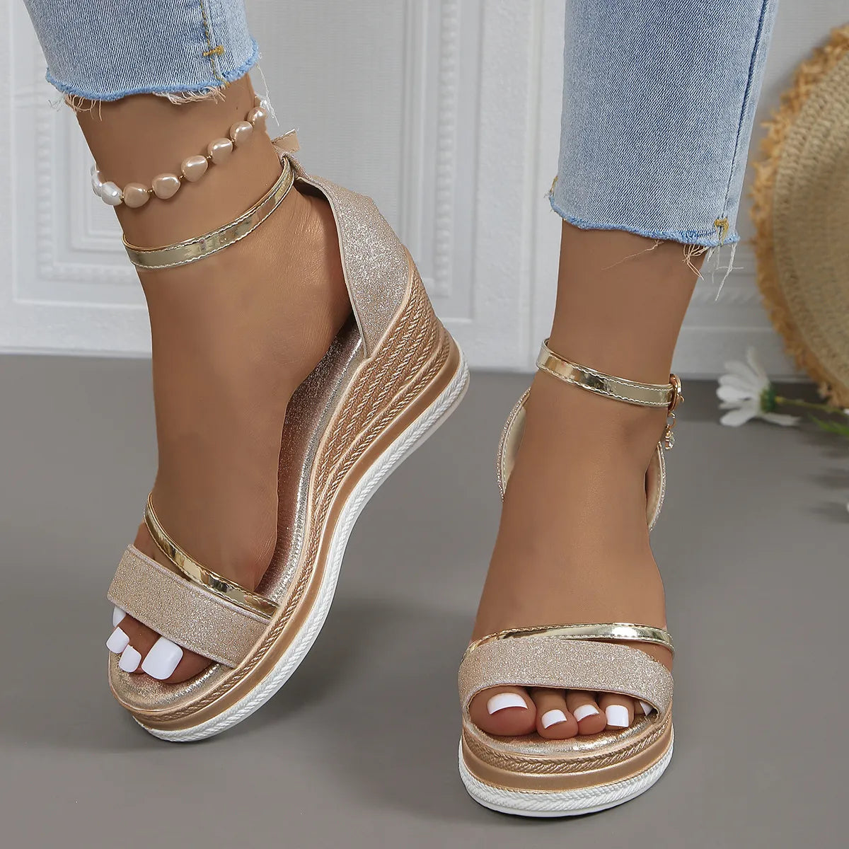 Glitter Platform Wedge Sandals with Ankle Strap