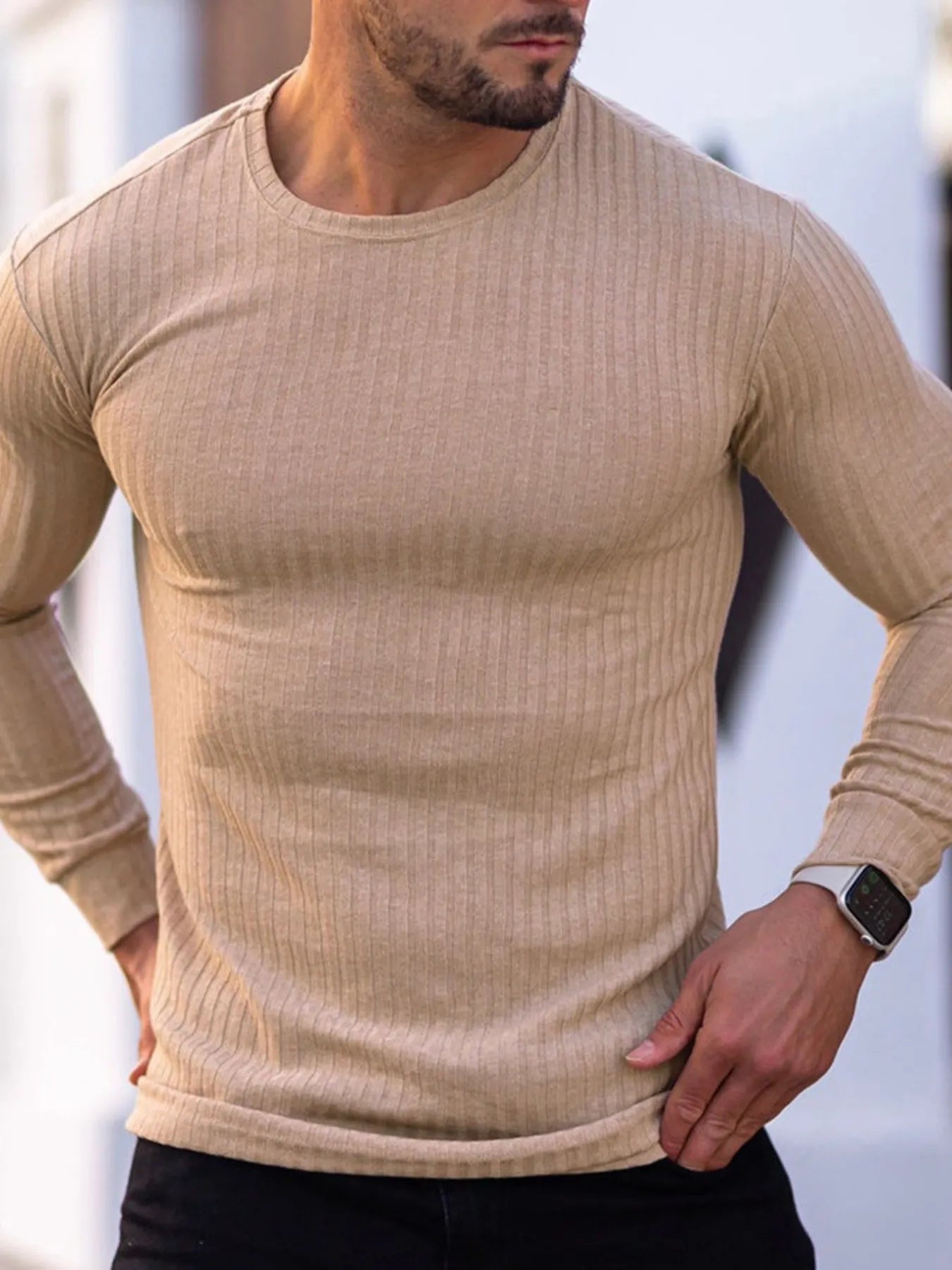 Men's Ribbed Round Neck Long Sleeve T-Shirt