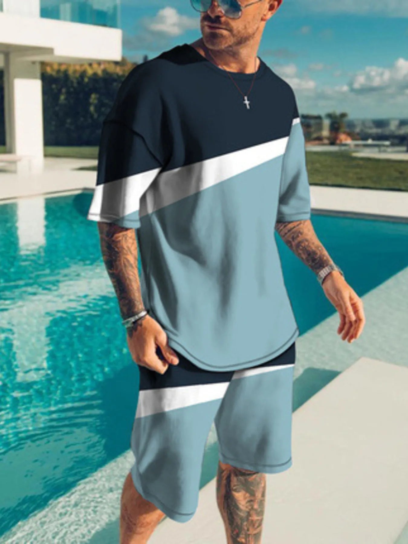 Men's Full Size Contrast Short Sleeve Top and Shorts Set Plus Size