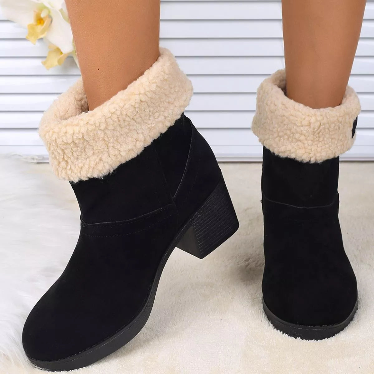 Plush Cuff Block Heel Boots