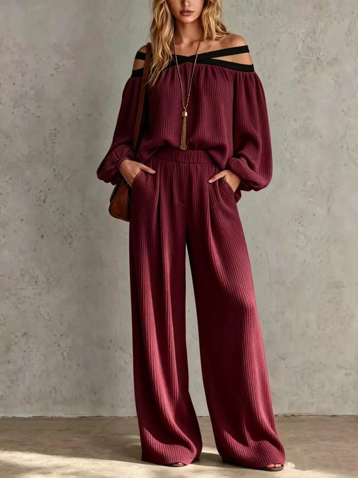 Off-Shoulder Crisscross Cutout Ribbed Knit Top and Wide-Leg Pants Set