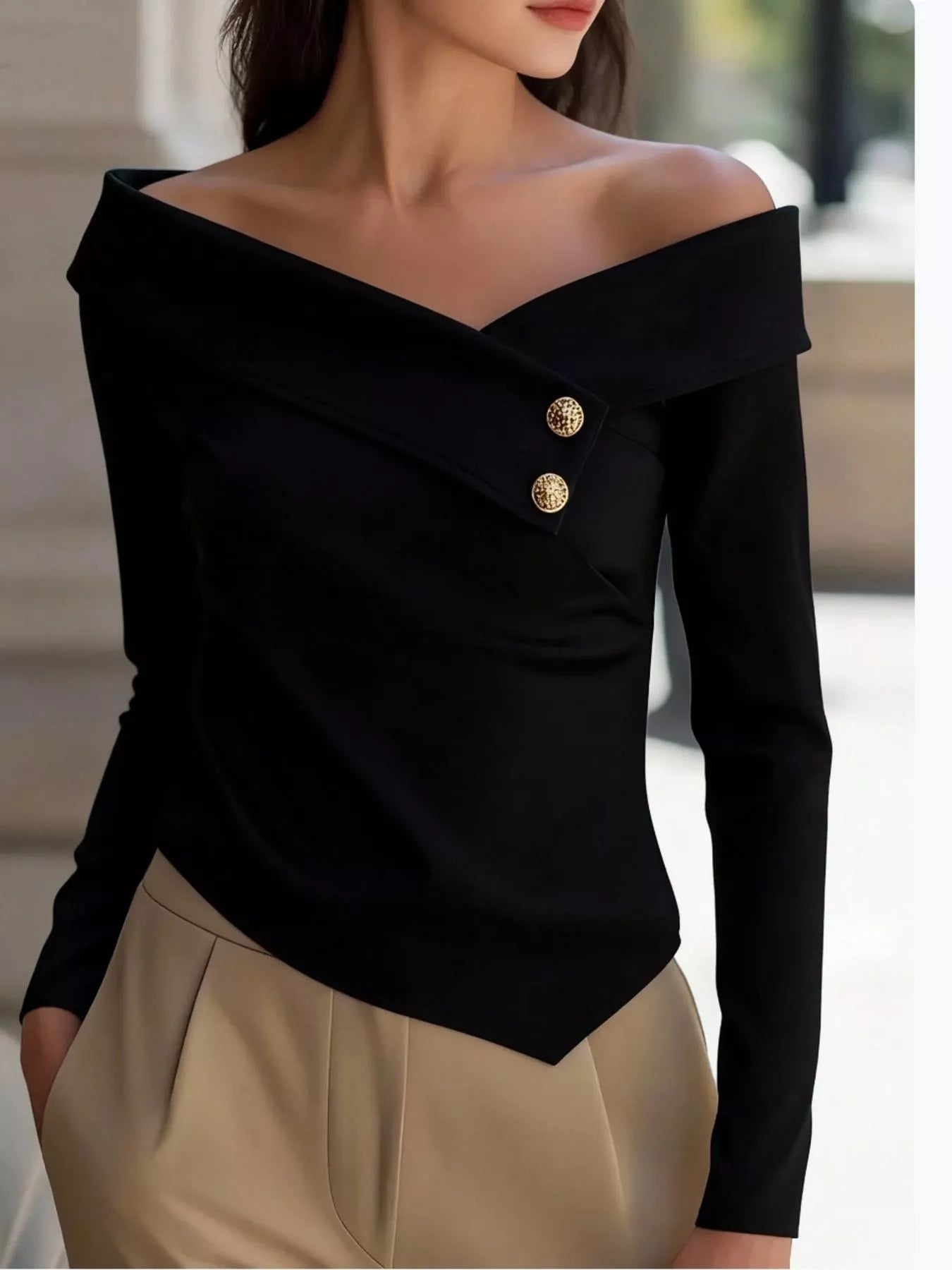 Elegant Off-the-Shoulder Blouse with Decorative Buttons
