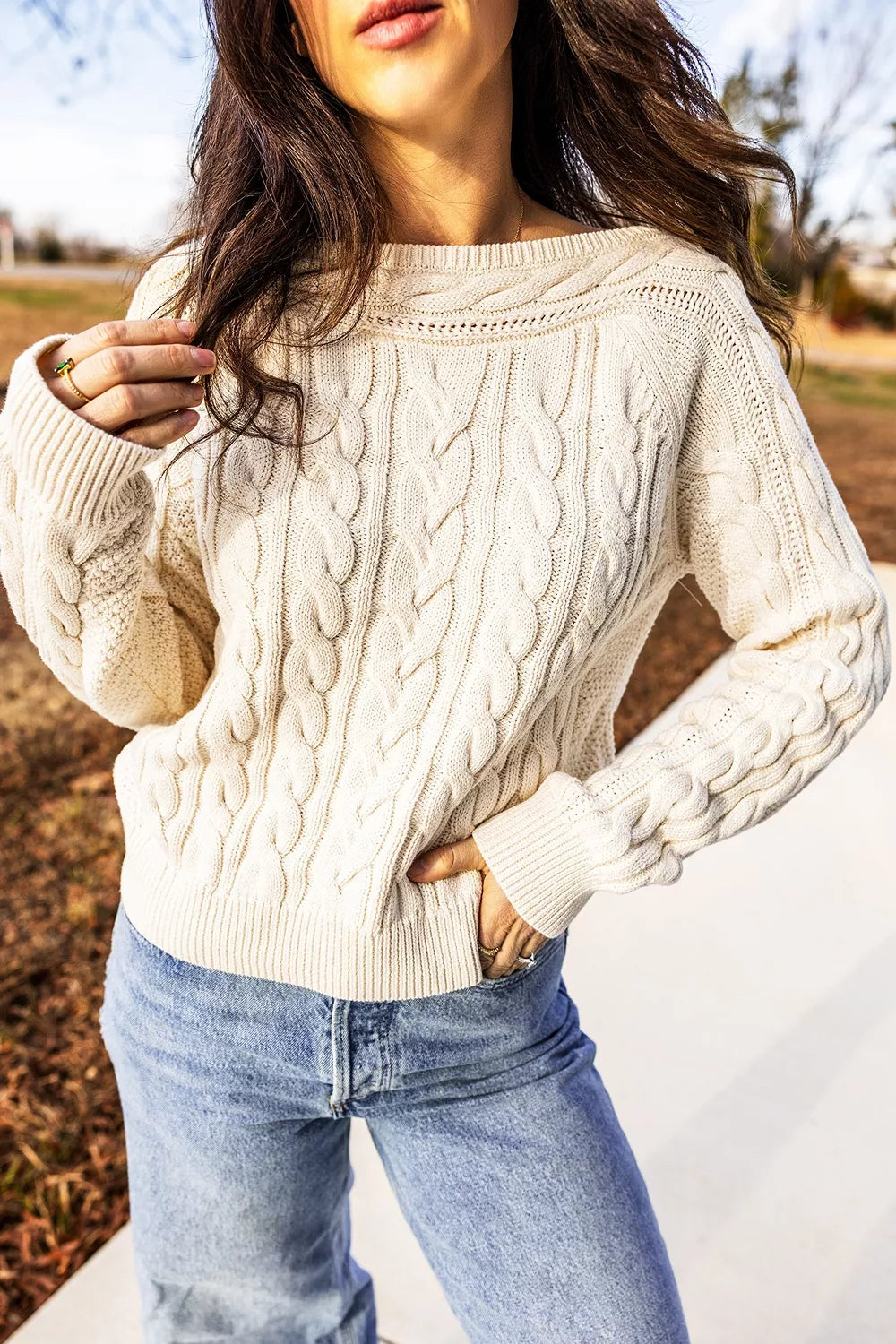 Drop Shoulder Round Neck Cable Knit Sweater