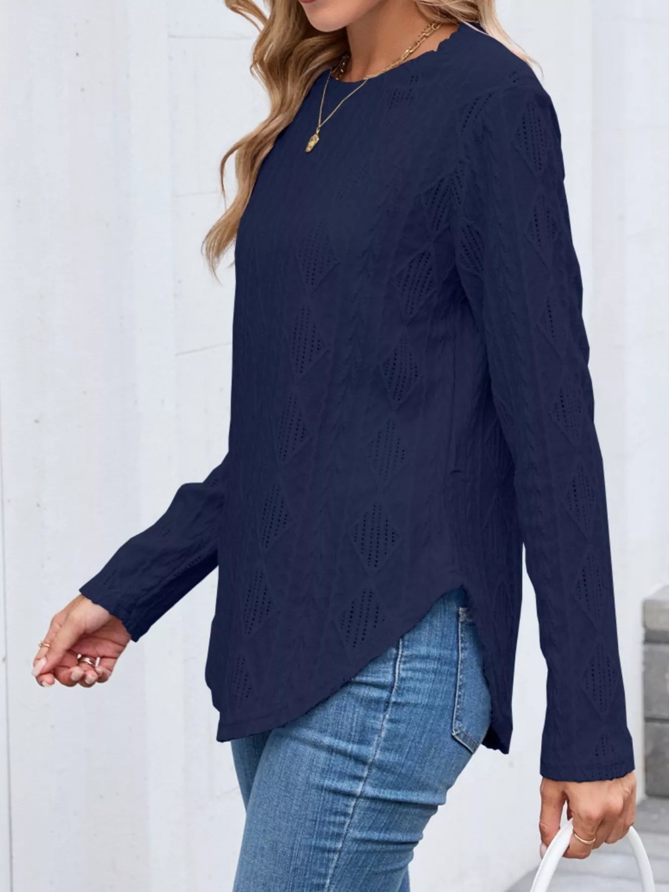 Textured Diamond Knit Long Sleeve T-Shirt