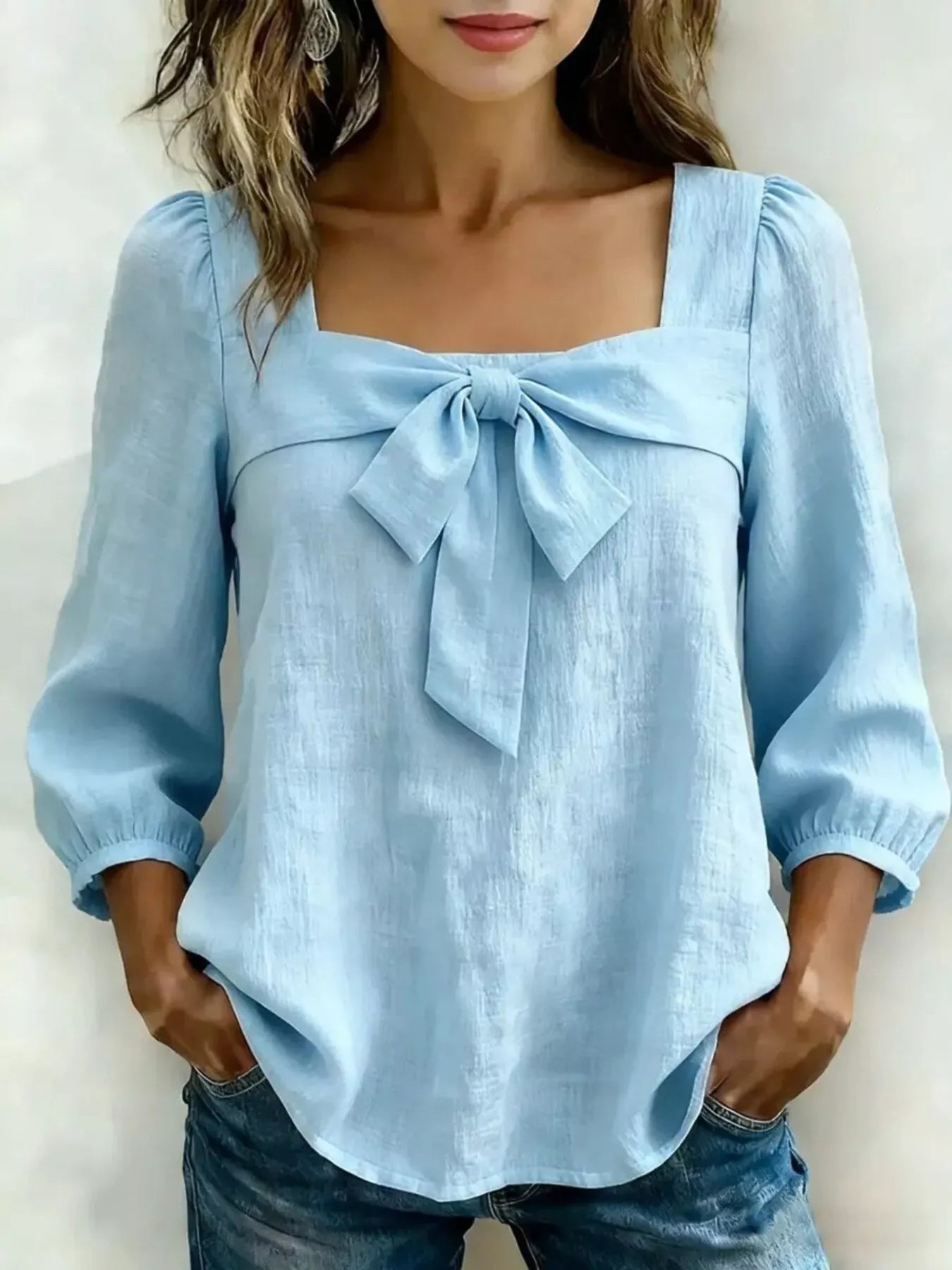Full Size Bow Front Square Neck Blouse Plus Size