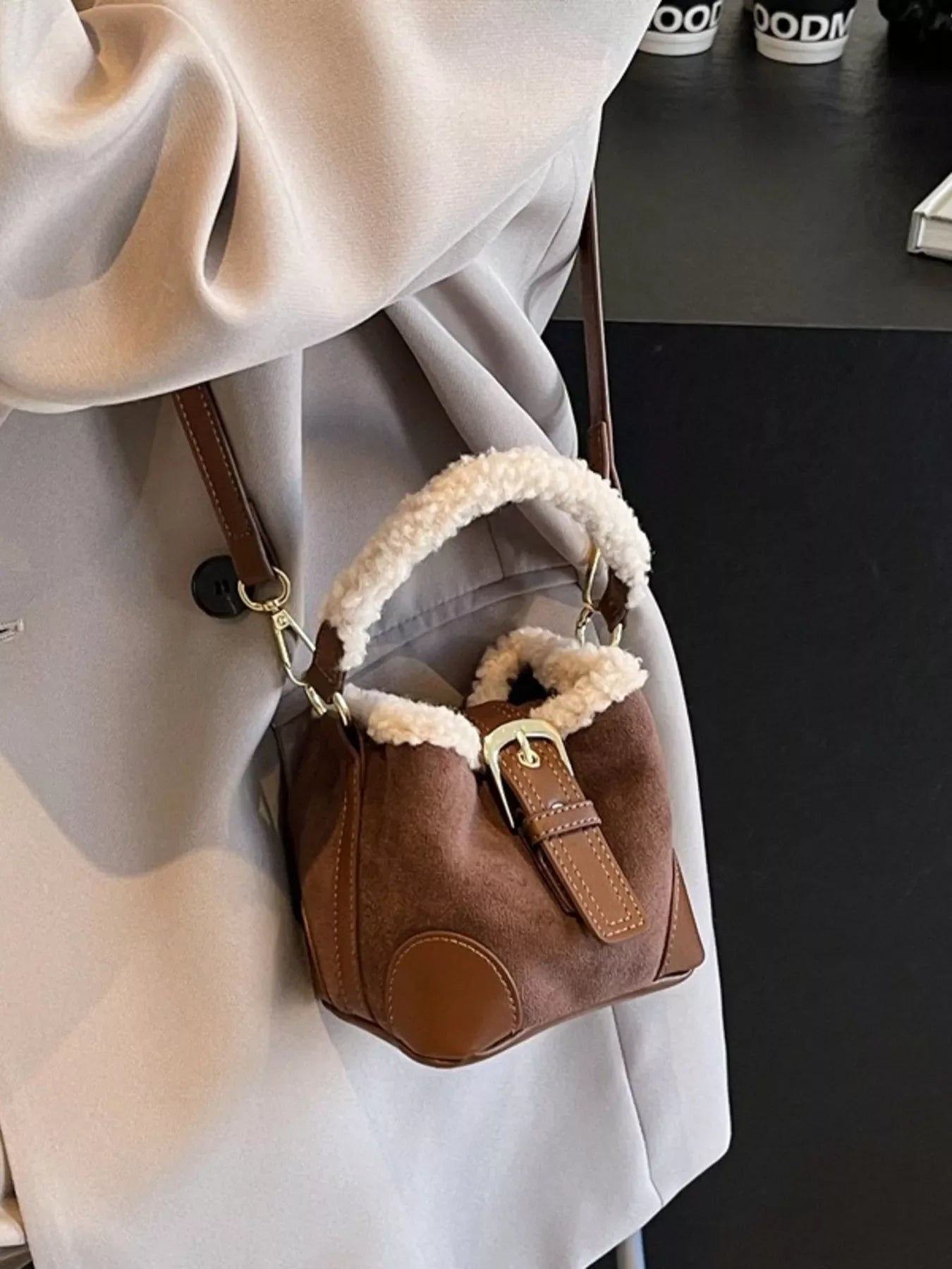 Fuzzy Trim Bucket Crossbody Bag