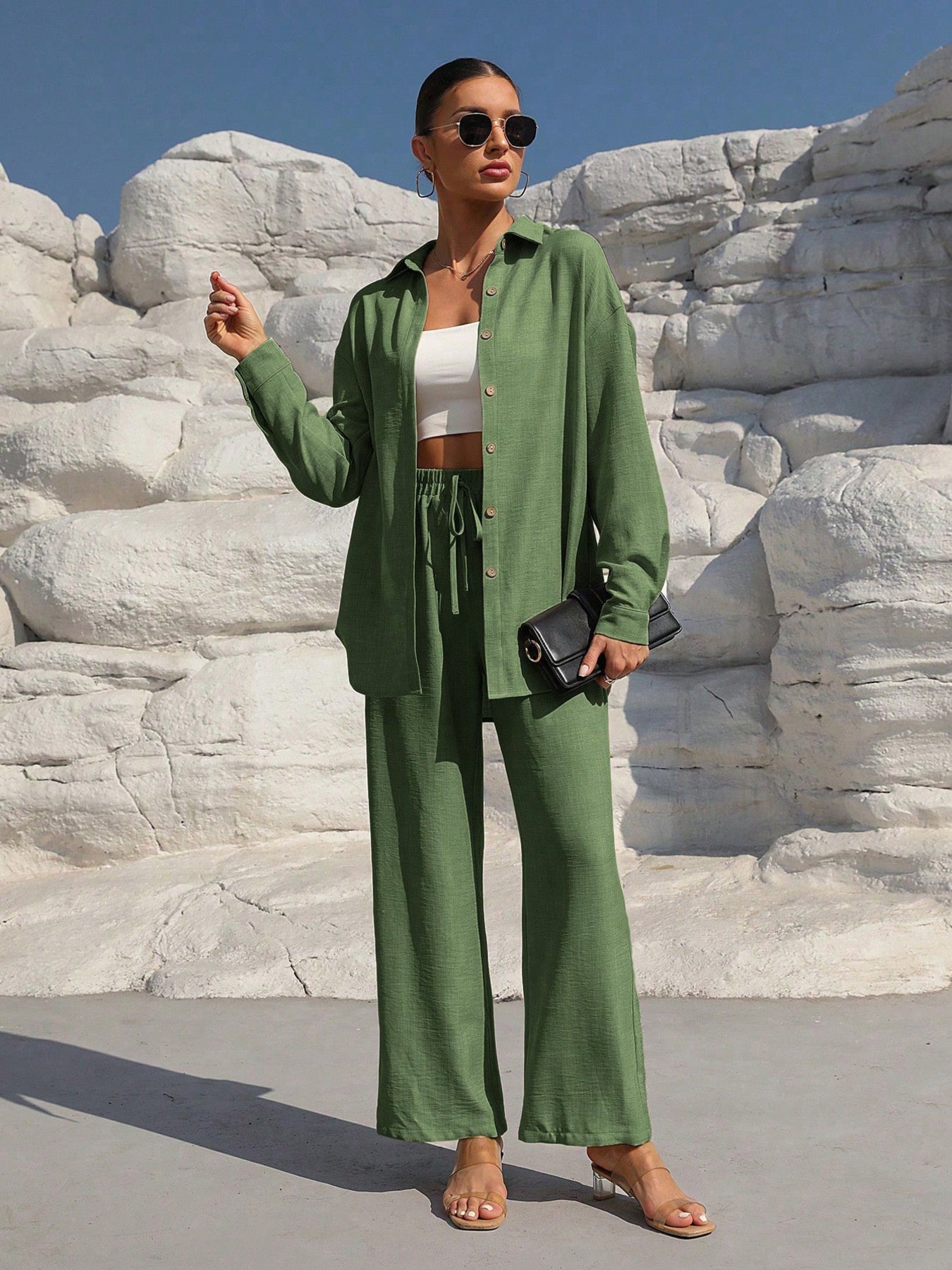 Button Up Long Sleeve Shirt and Pants Set