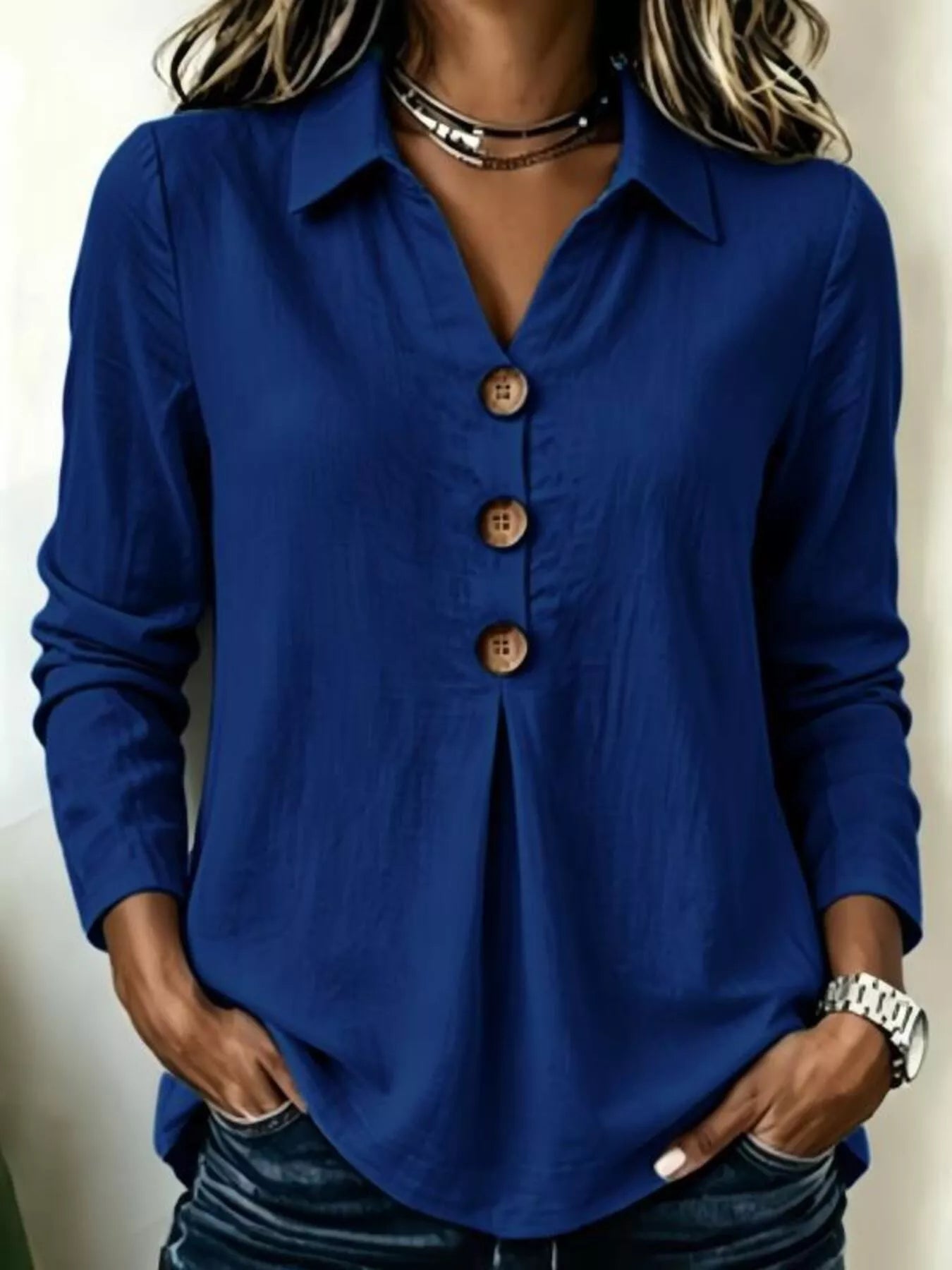Full Size Button Detail Long Sleeve Blouse Plus Size
