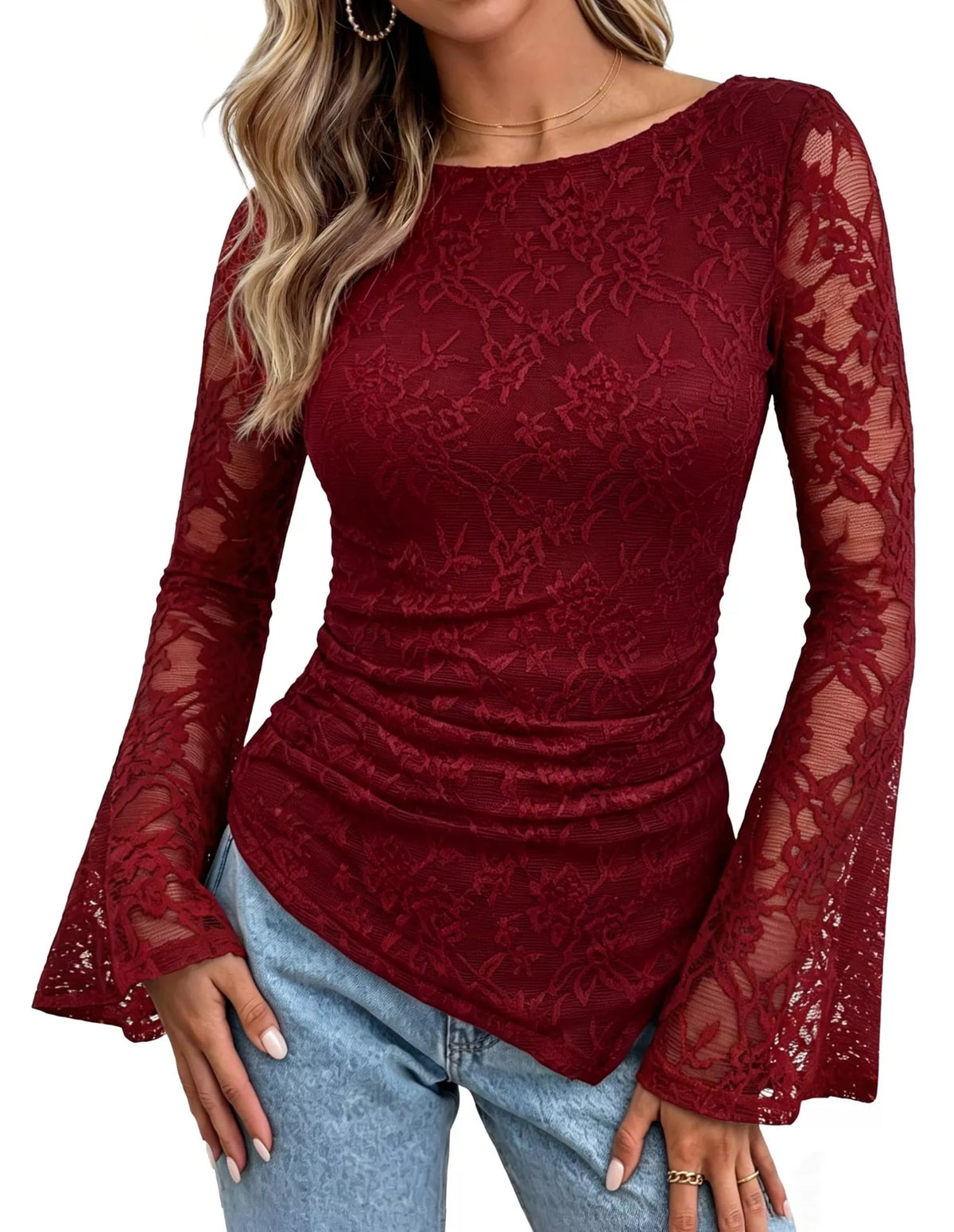 Floral Lace Long Sleeve Blouse with Flared Cuffs