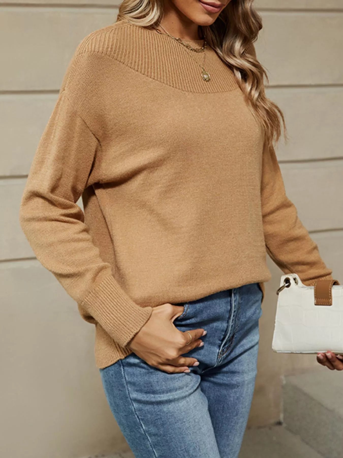 Ribbed Knit Dropped Shoulder Sweater