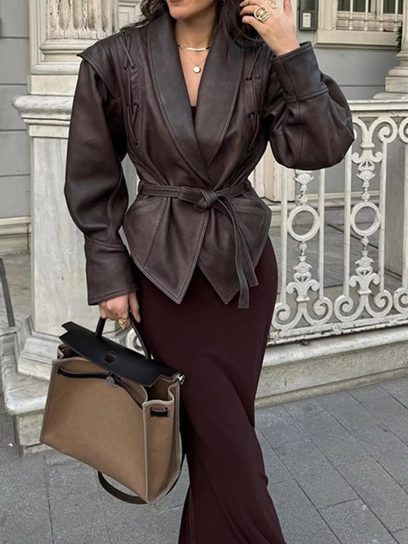 Belted Leather Jacket with Shawl Collar