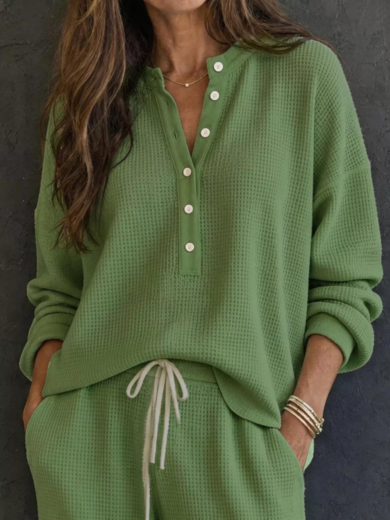 Waffle Knit Henley Top and Wide Leg Pants Set