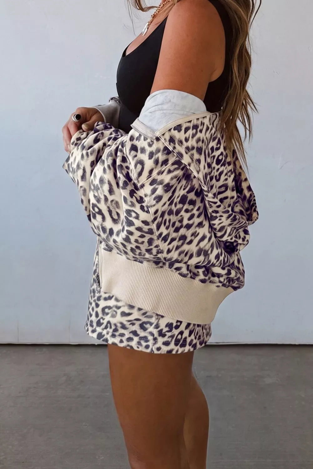 Leopard Print Zip-Up Hoodie and Shorts Set