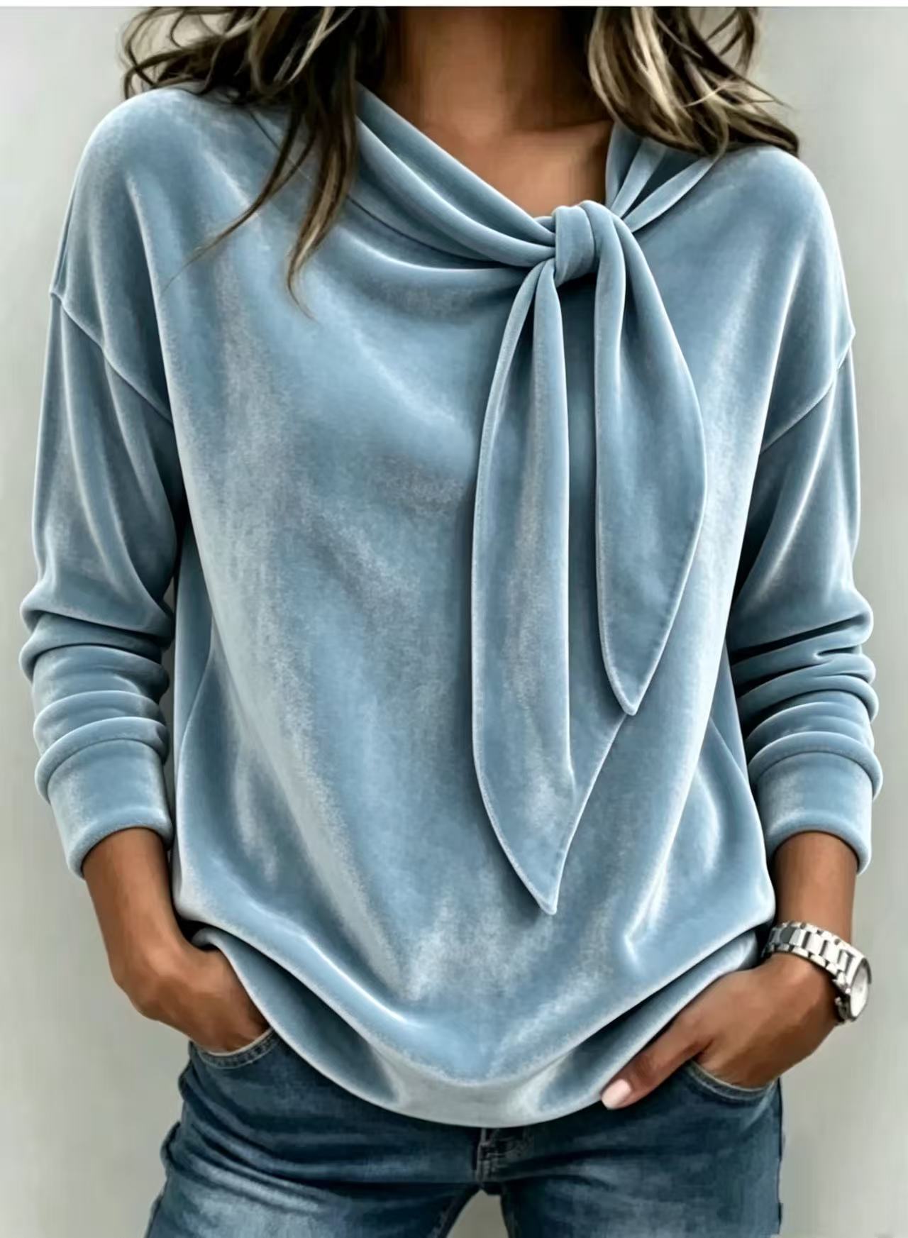 Solid Color Long Sleeve Bow Top – Loose Fit Scarf Collar