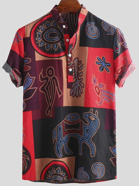 Men's Full Size Ethnic Print Short Sleeve Shirt Plus Size