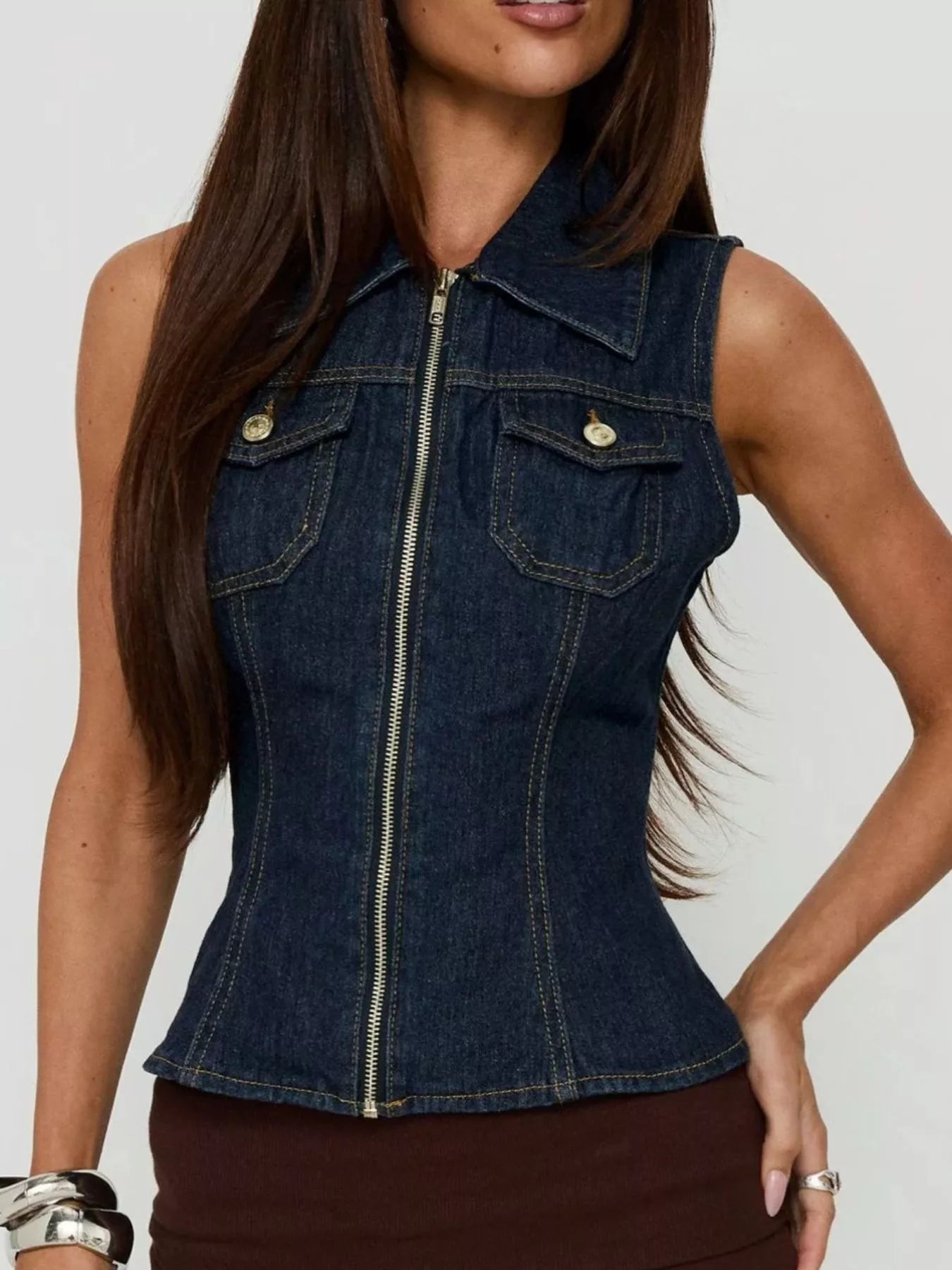 Sleeveless Zip-Up Denim Vest