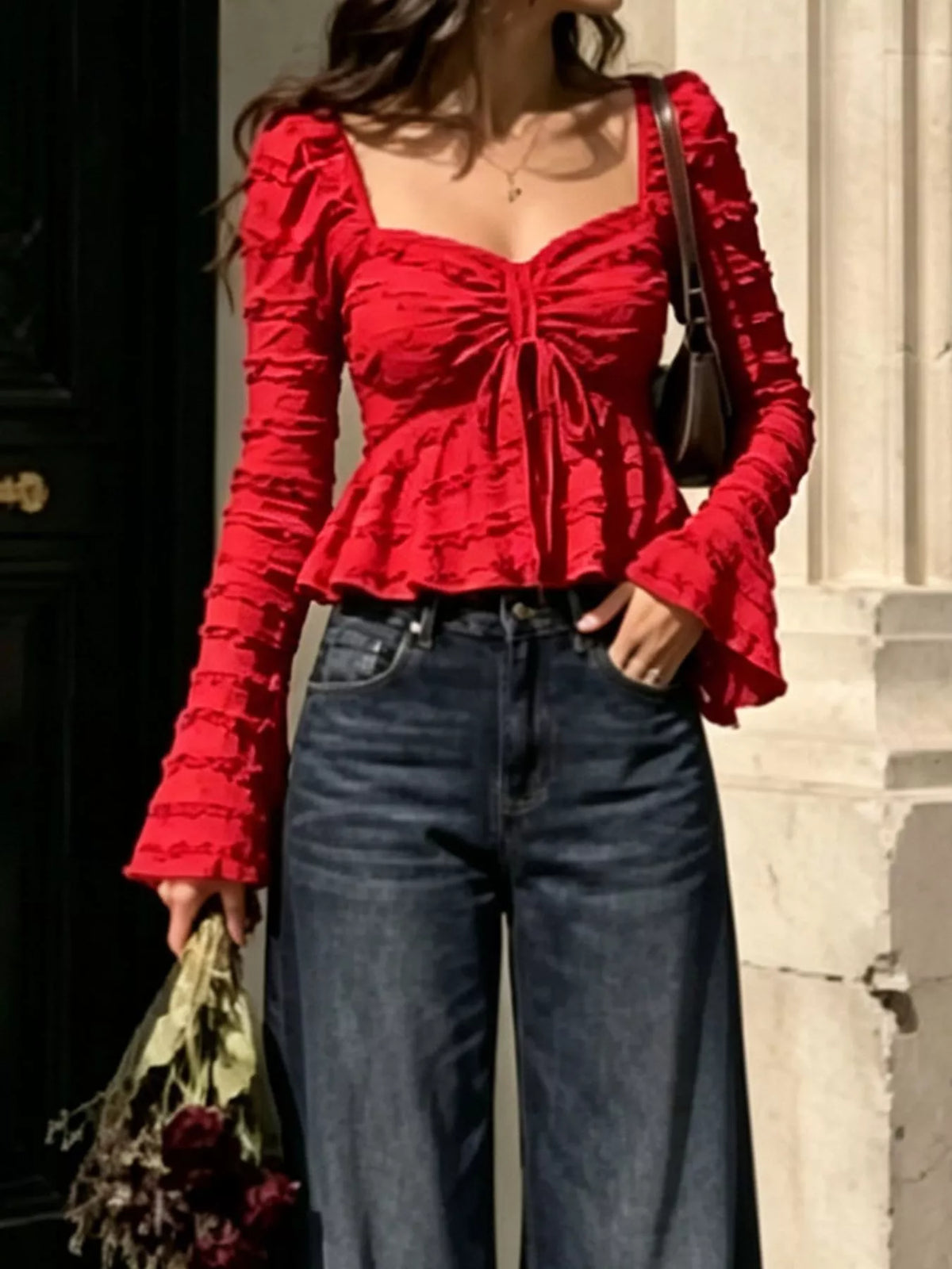 Textured Sweetheart Neck Flare Sleeve Top