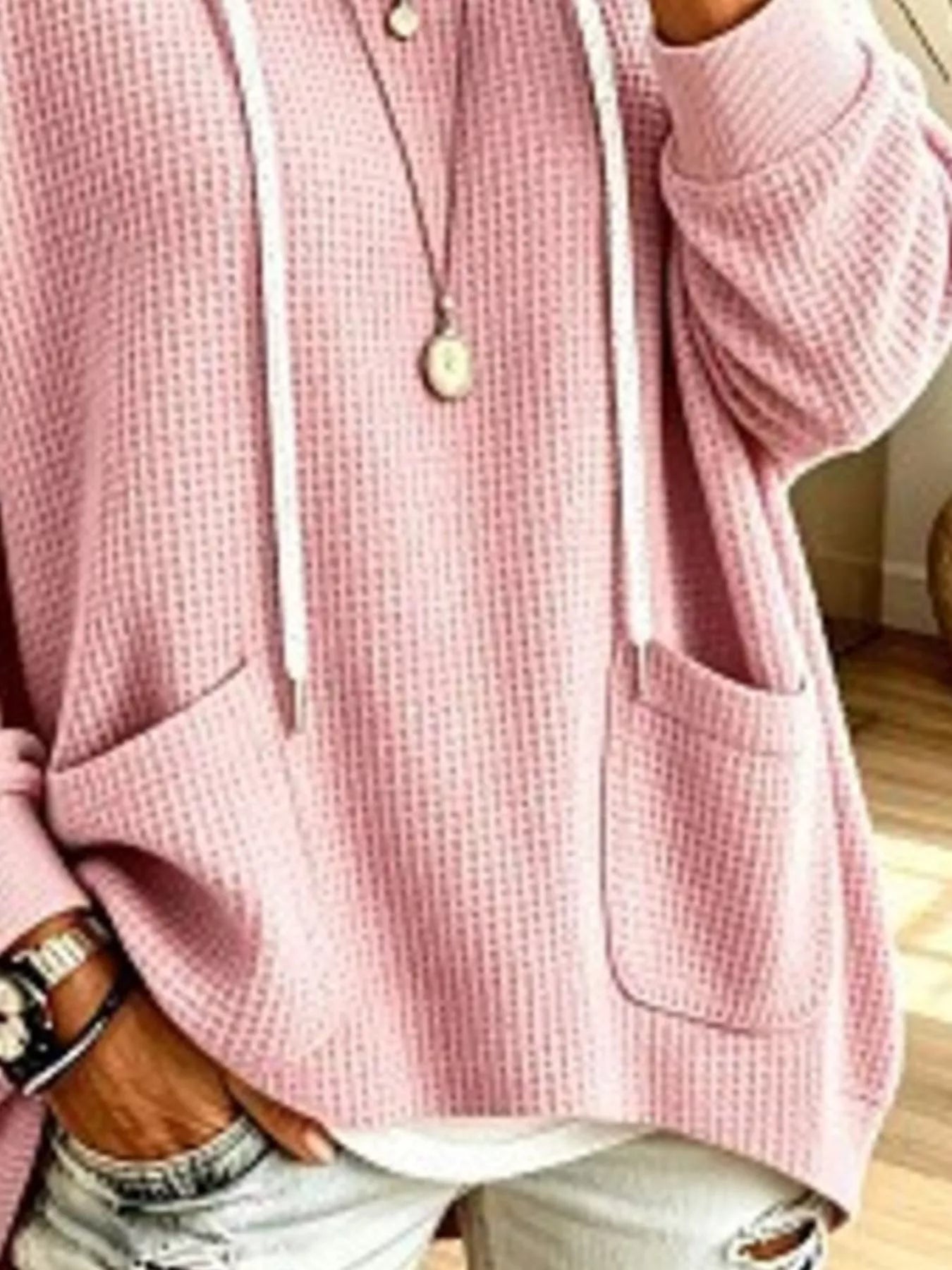 Full Size Waffle Knit Hoodie with Pockets Plus Size
