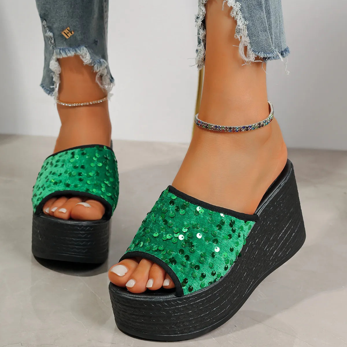 Rhinestone Peep Toe Wedge Sandals