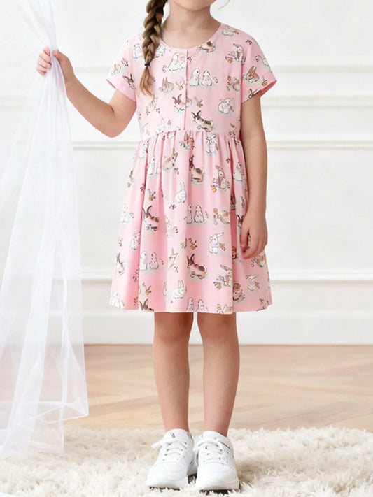 Children's Bunny Print Round Neck Casual Dress