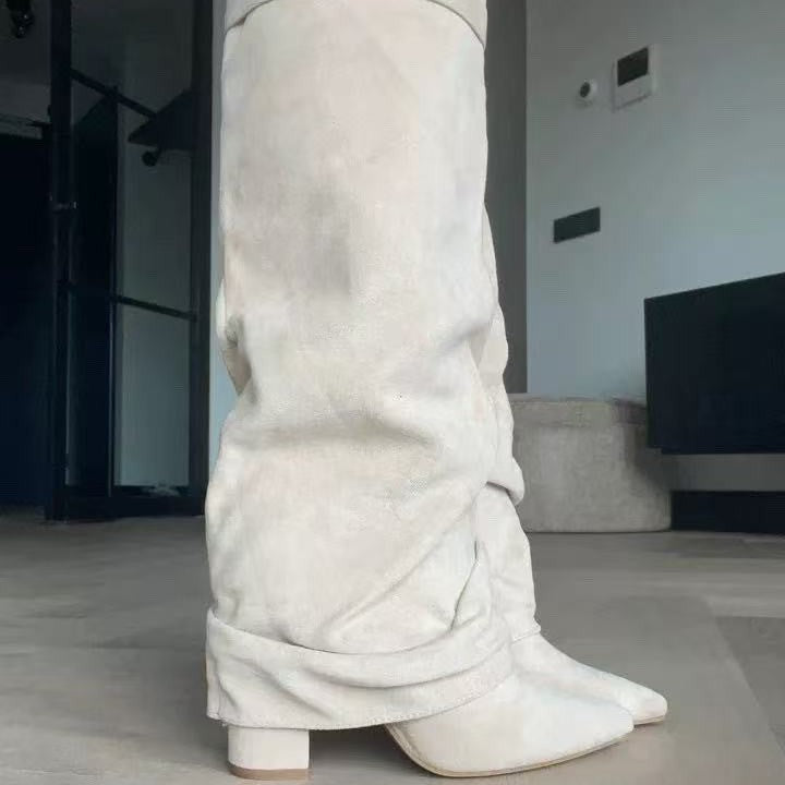 Women's Slouchy Pleated Mid-Calf Boots – Pointed Toe Chunky Heel Faux Suede