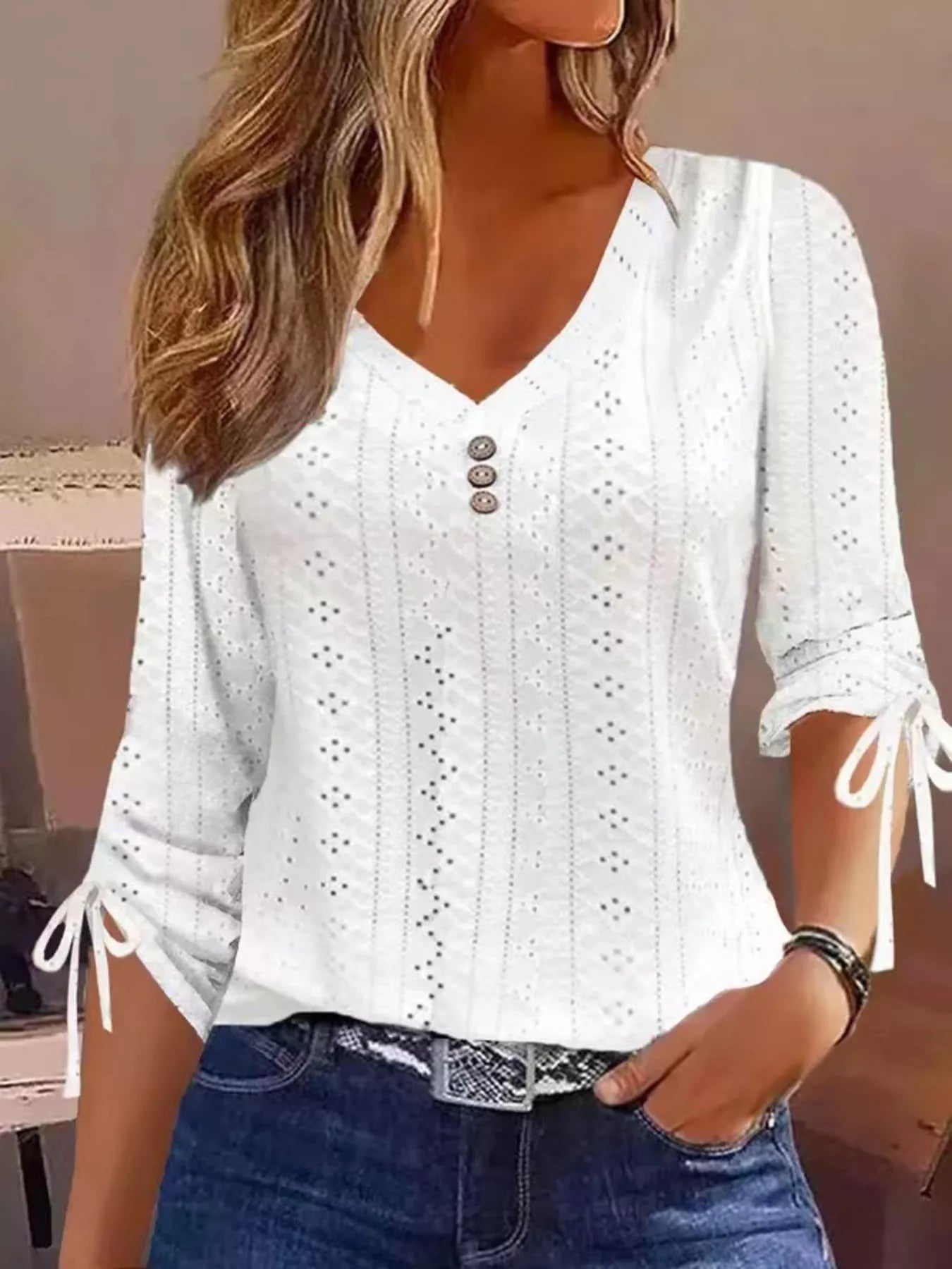 Full Size V-Neck Eyelet Drawstring Sleeve Top Plus Size