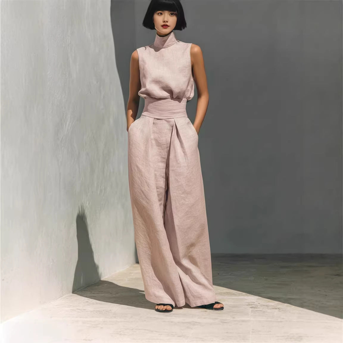 Casual Sleeveless Suit Summer Stand-up Collar Pullover Top And Loose Straight-leg Trousers Women's Clothing (see size chart under more details)