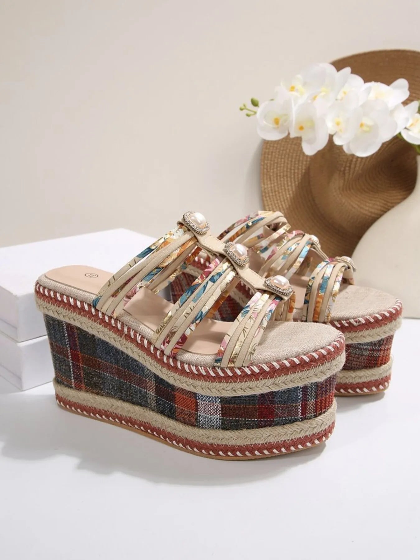 Plaid Platform Wedge Sandals